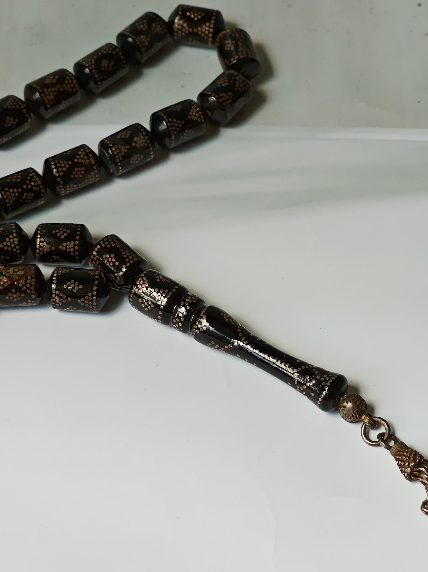 Antique Black Red Sea Coral Barrel Shape Tasbih with Silver Tassel and Engravings 33 Beads