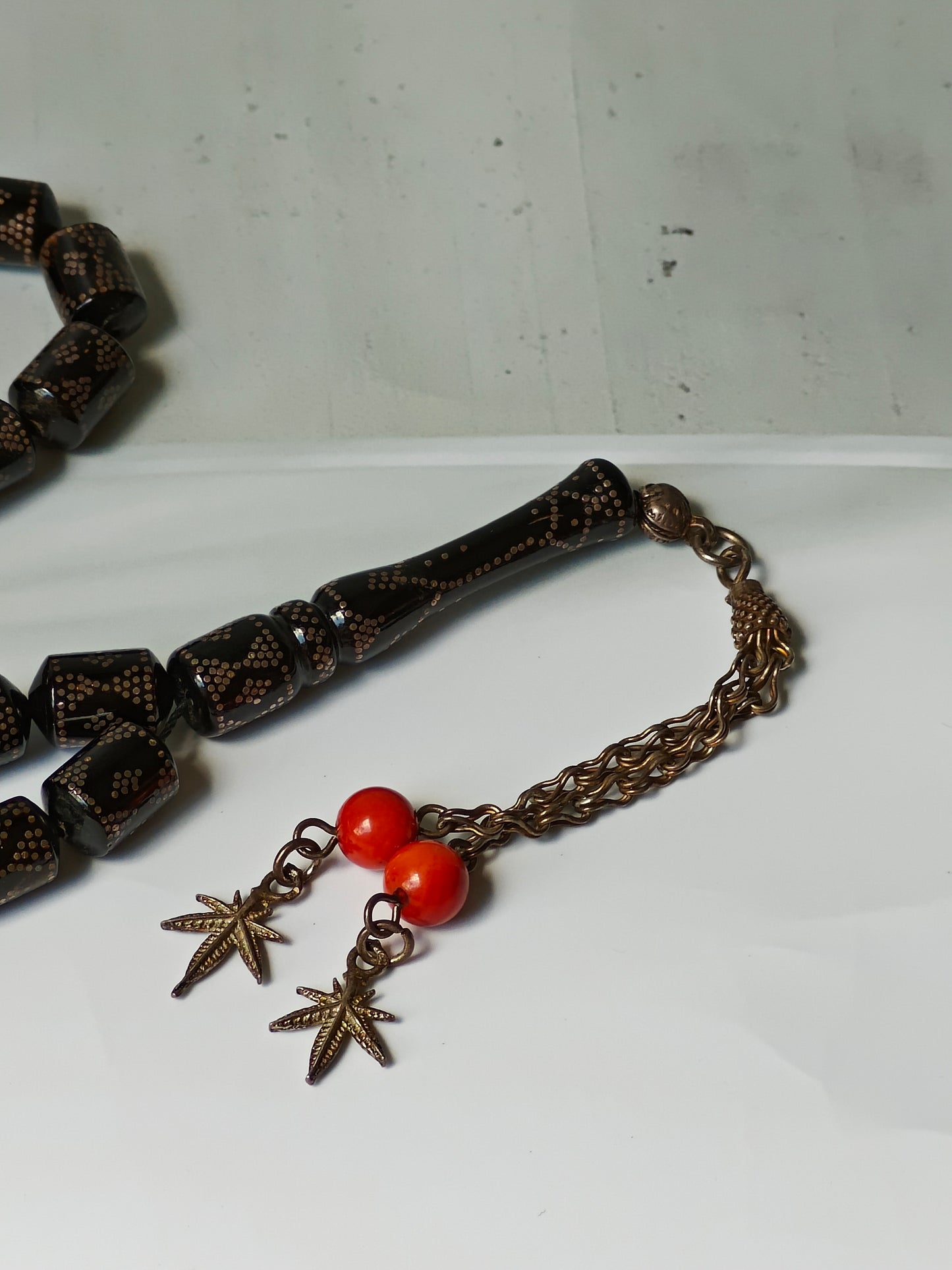 Antique Black Red Sea Coral Barrel Shape Tasbih with Silver Tassel and Engravings 33 Beads