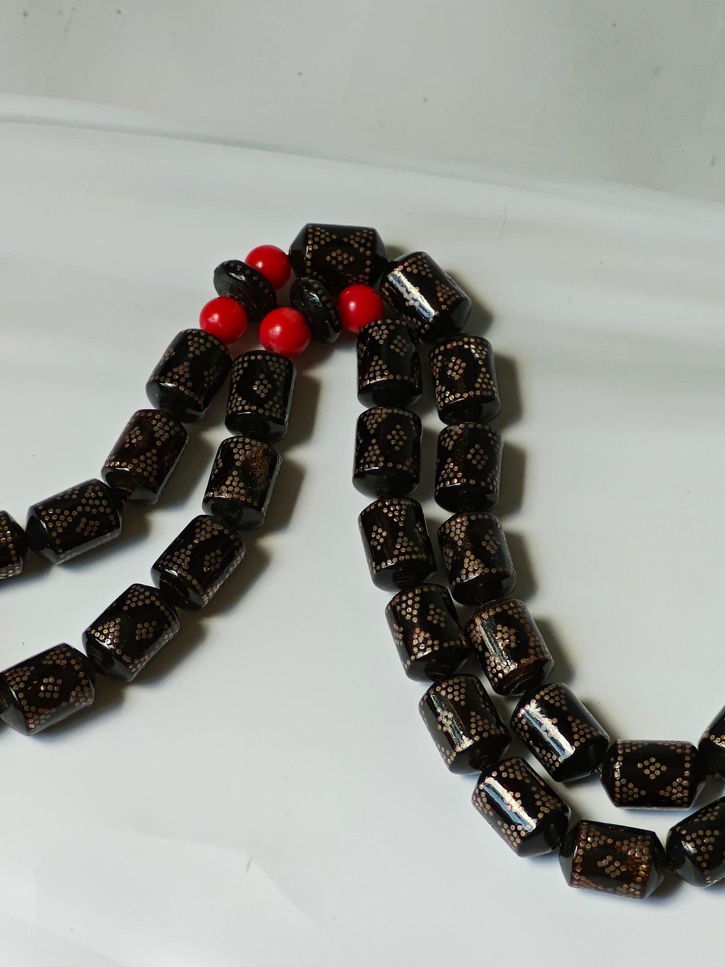 Antique Black Red Sea Coral Barrel Shape Tasbih with Silver Tassel and Engravings 33 Beads