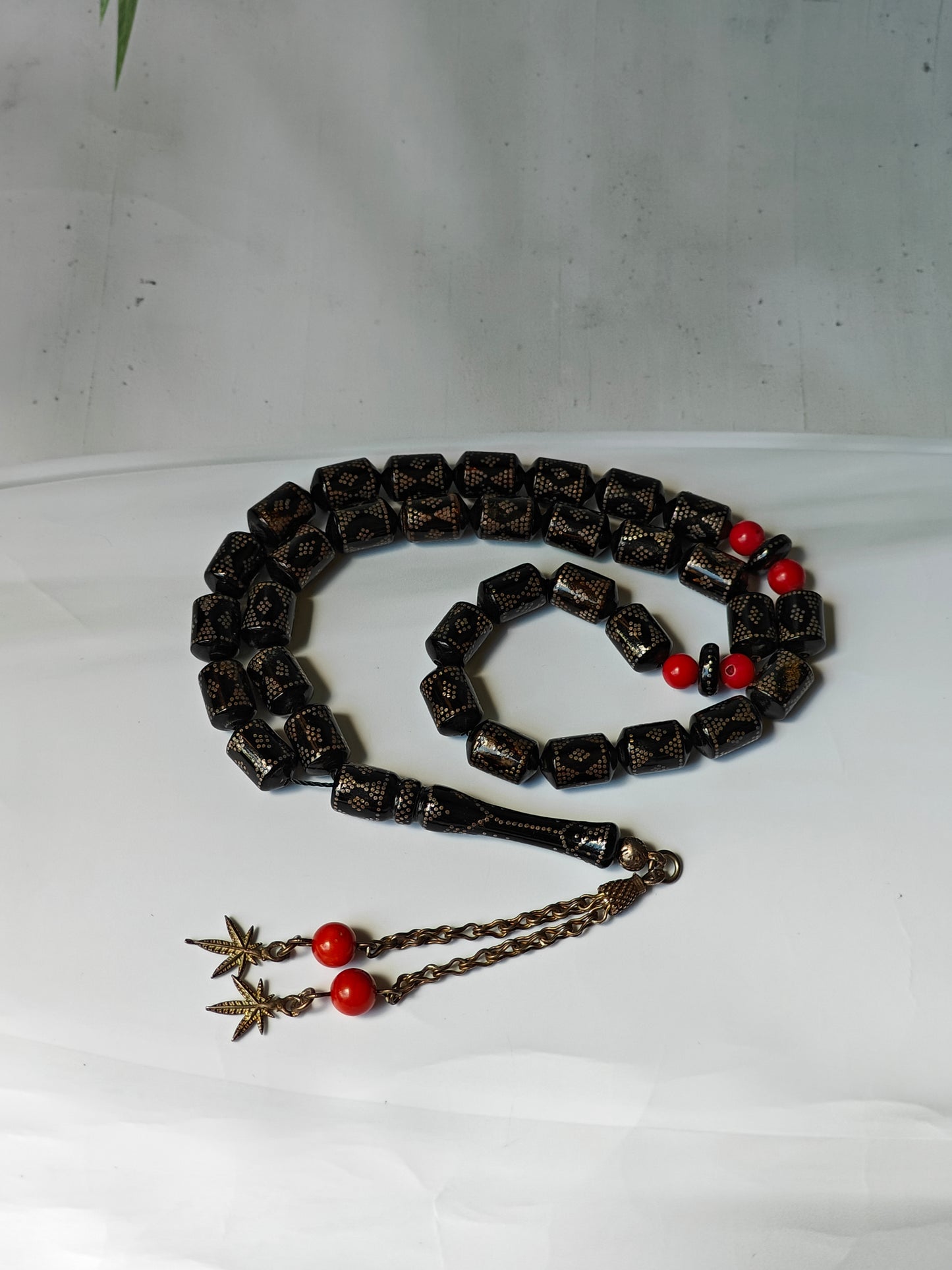 Antique Black Red Sea Coral Barrel Shape Tasbih with Silver Tassel and Engravings 33 Beads