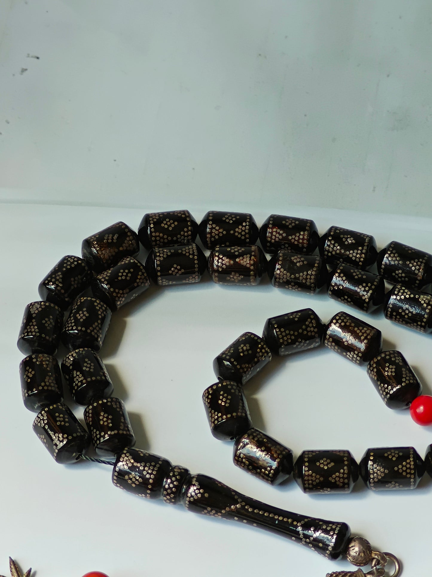 Antique Black Red Sea Coral Barrel Shape Tasbih with Silver Tassel and Engravings 33 Beads