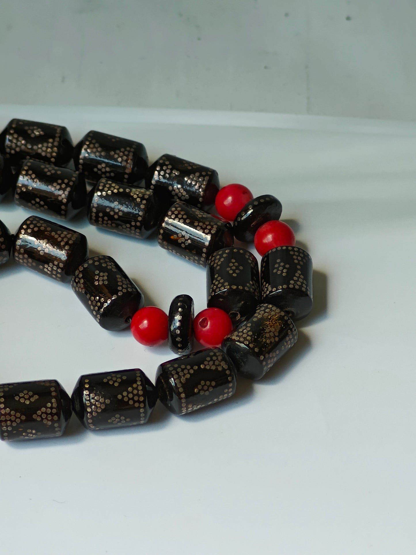 Antique Black Red Sea Coral Barrel Shape Tasbih with Silver Tassel and Engravings 33 Beads
