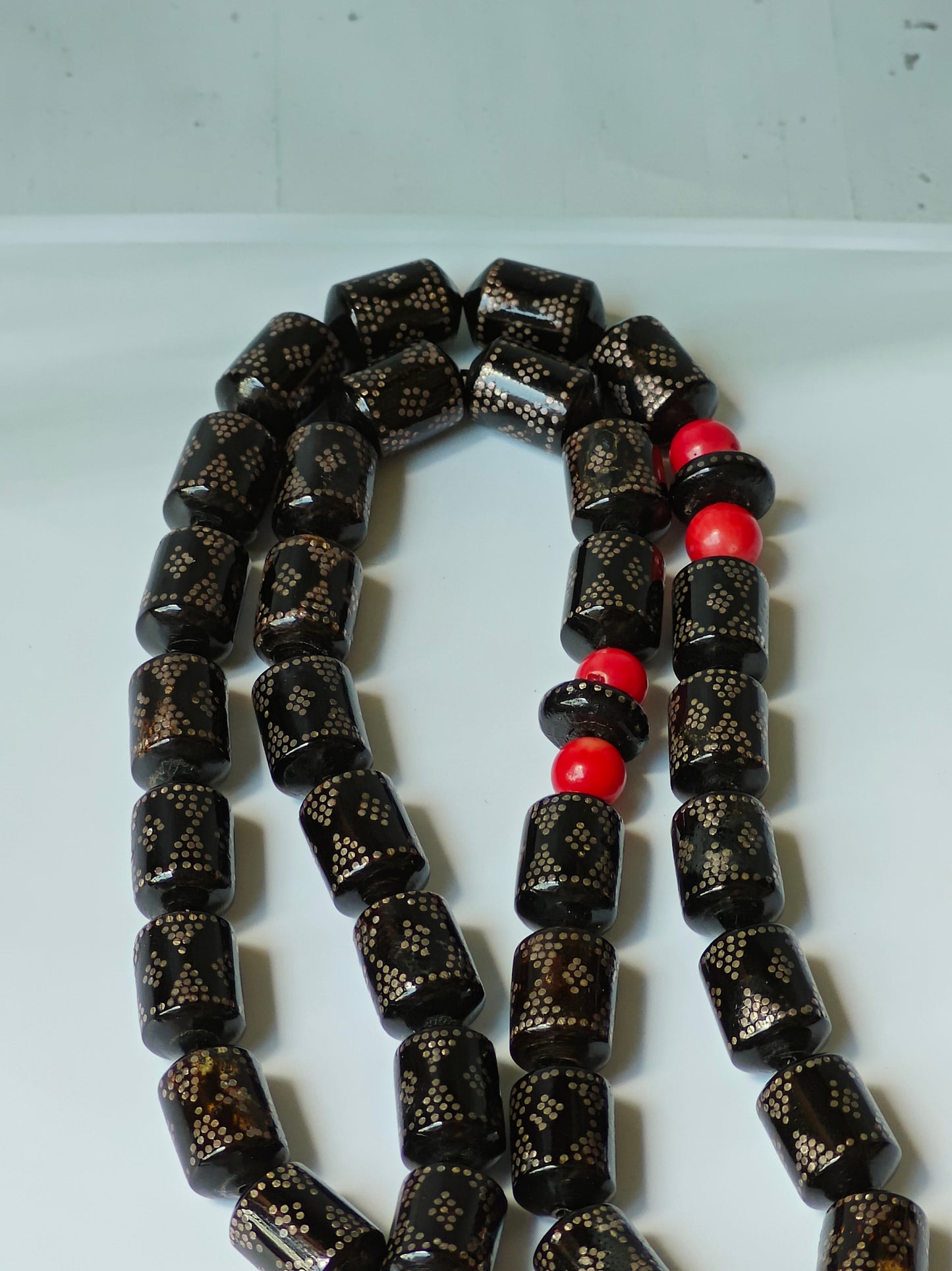 Antique Black Red Sea Coral Barrel Shape Tasbih with Silver Tassel and Engravings 33 Beads