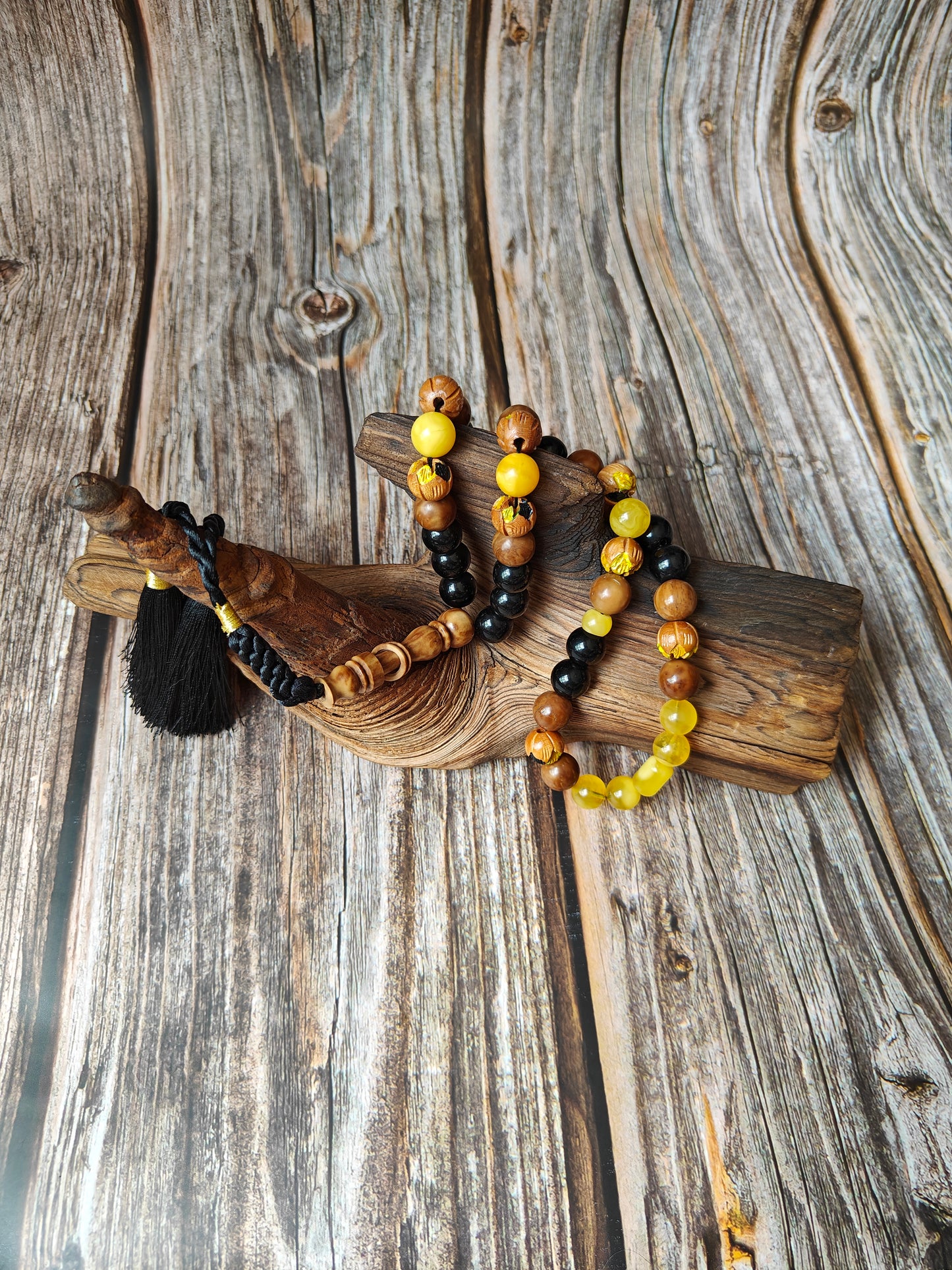 One of a Kind Hand Carved and Hand Painted Peach Wood, Butterscotch and Cloudy Amber, Kokka Wood and Black Onyx Tasbih 45 Beads