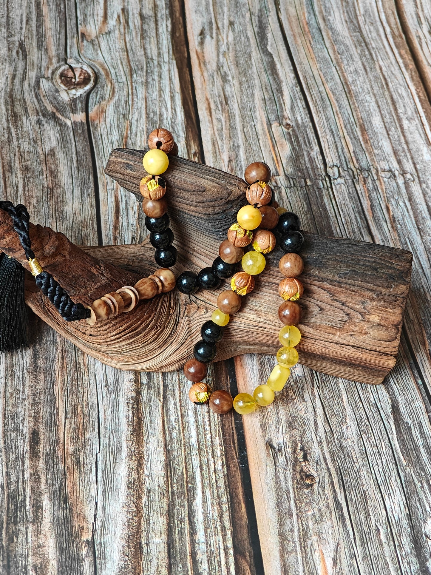 One of a Kind Hand Carved and Hand Painted Peach Wood, Butterscotch and Cloudy Amber, Kokka Wood and Black Onyx Tasbih 45 Beads