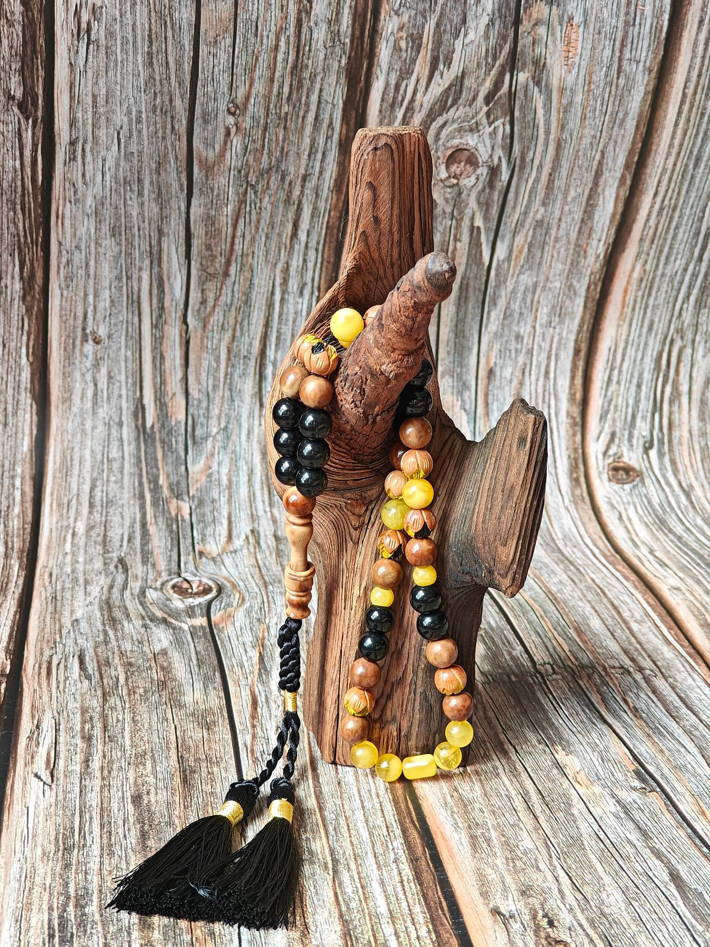 One of a Kind Hand Carved and Hand Painted Peach Wood, Butterscotch and Cloudy Amber, Kokka Wood and Black Onyx Tasbih 45 Beads