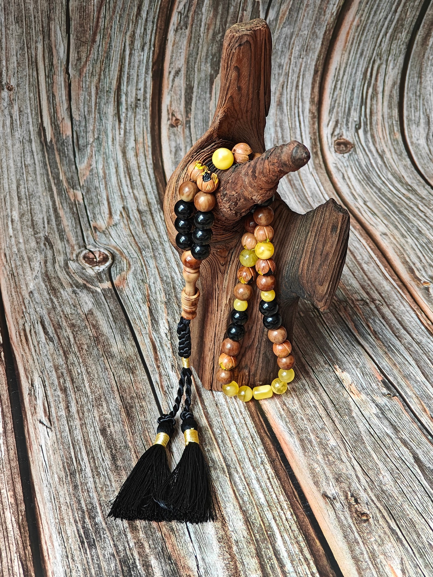 One of a Kind Hand Carved and Hand Painted Peach Wood, Butterscotch and Cloudy Amber, Kokka Wood and Black Onyx Tasbih 45 Beads