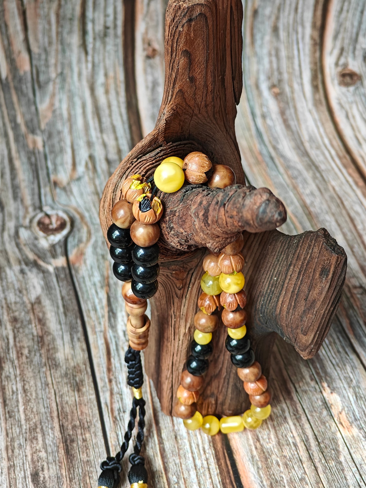 One of a Kind Hand Carved and Hand Painted Peach Wood, Butterscotch and Cloudy Amber, Kokka Wood and Black Onyx Tasbih 45 Beads