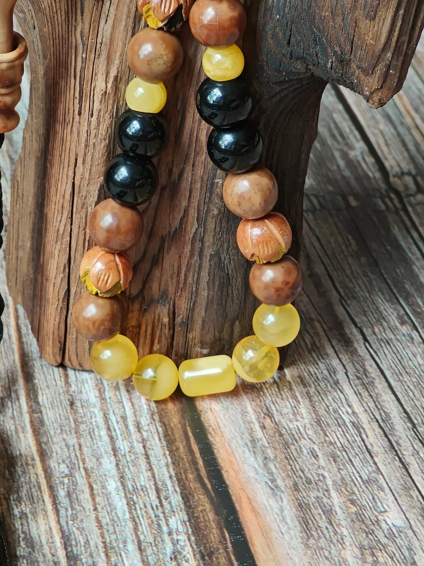 One of a Kind Hand Carved and Hand Painted Peach Wood, Butterscotch and Cloudy Amber, Kokka Wood and Black Onyx Tasbih 45 Beads