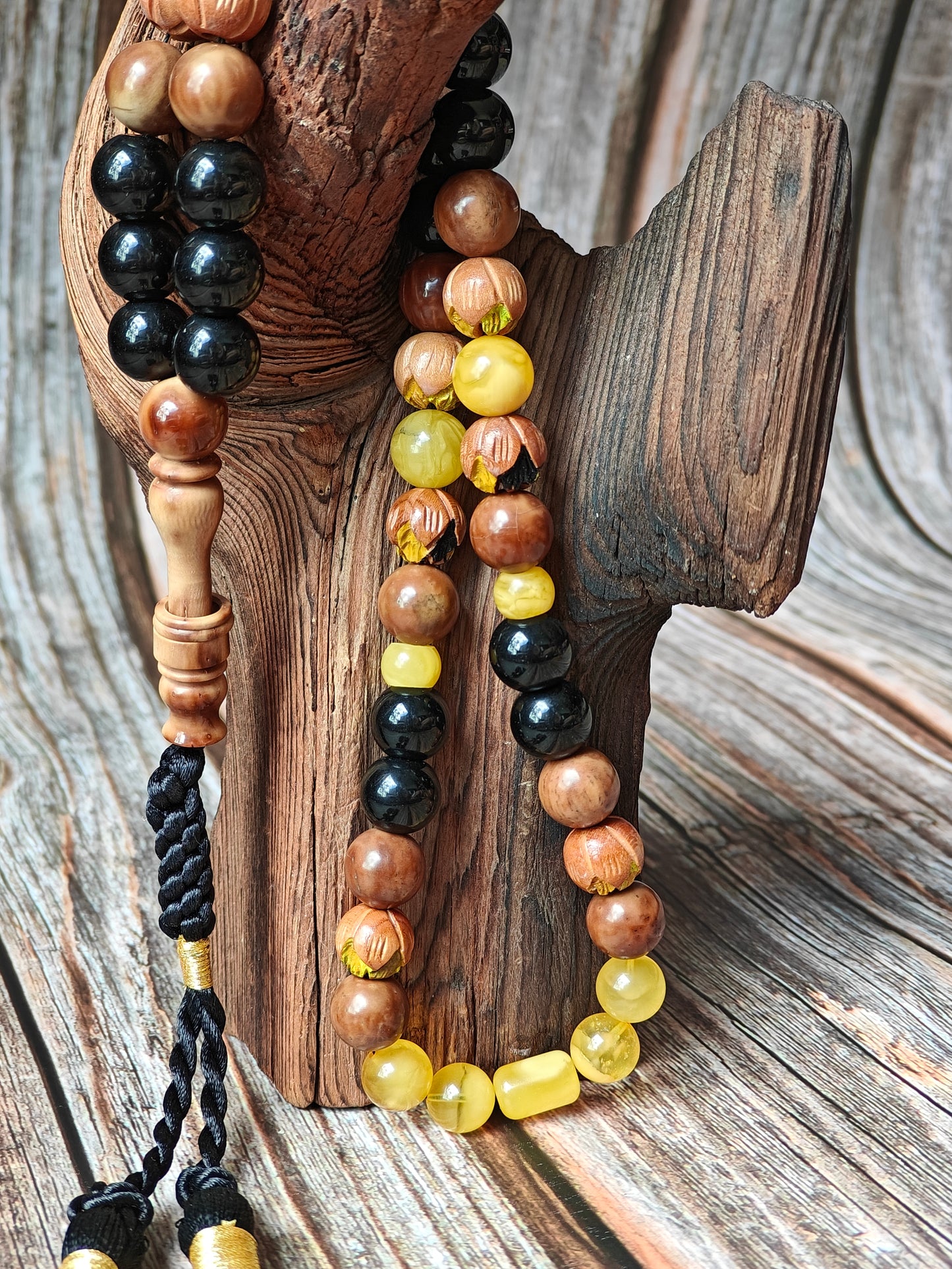 One of a Kind Hand Carved and Hand Painted Peach Wood, Butterscotch and Cloudy Amber, Kokka Wood and Black Onyx Tasbih 45 Beads