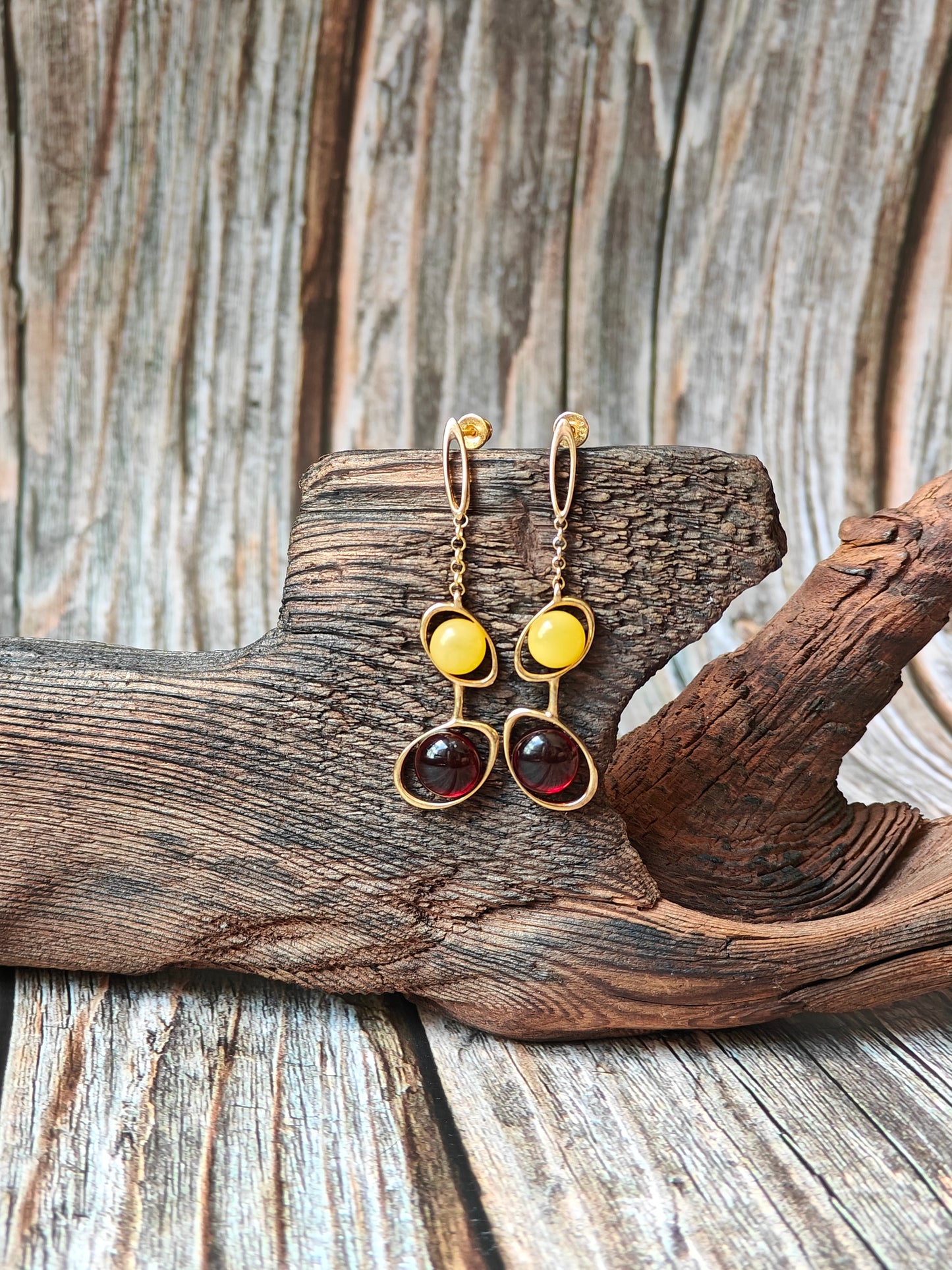 Oval Dark Cognac| Red and Butterscotch Amber Dangling Stud Earrings in Gold Plated Silver