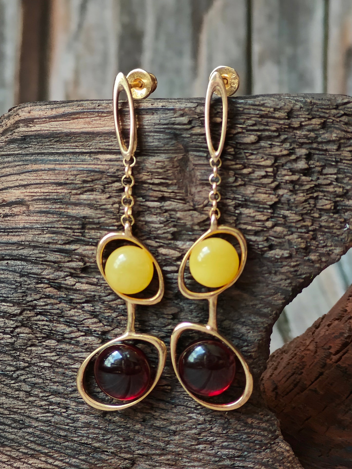 Oval Dark Cognac| Red and Butterscotch Amber Dangling Stud Earrings in Gold Plated Silver