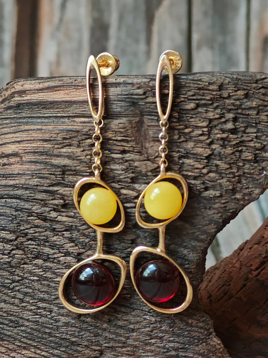 Oval Dark Cognac| Red  and Butterscotch Amber Dangling Stud Earrings in Gold Plated Silver