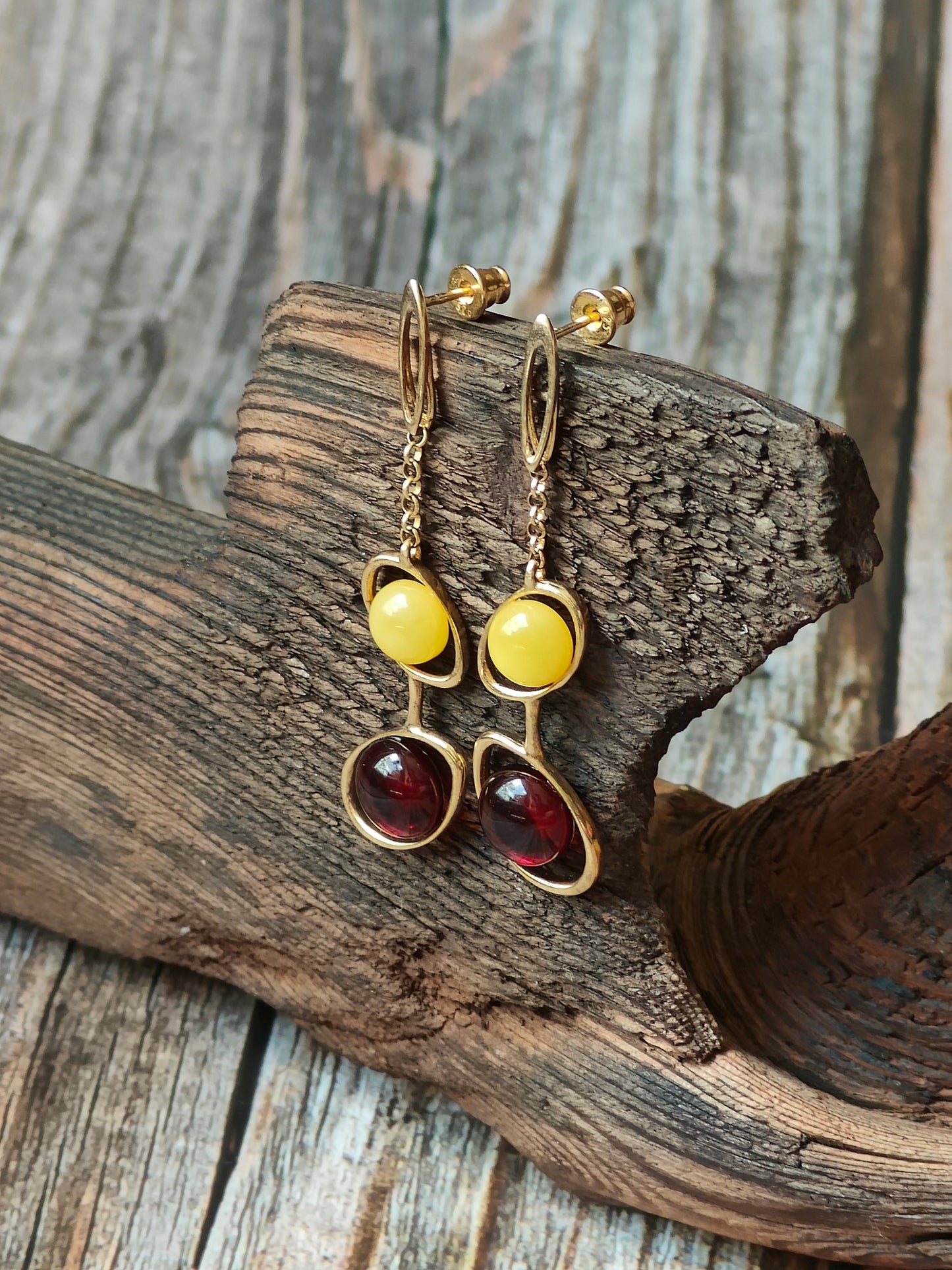 Oval Dark Cognac| Red and Butterscotch Amber Dangling Stud Earrings in Gold Plated Silver