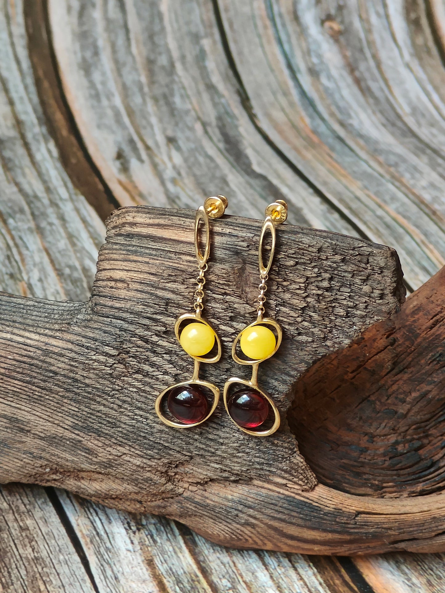 Oval Dark Cognac| Red and Butterscotch Amber Dangling Stud Earrings in Gold Plated Silver