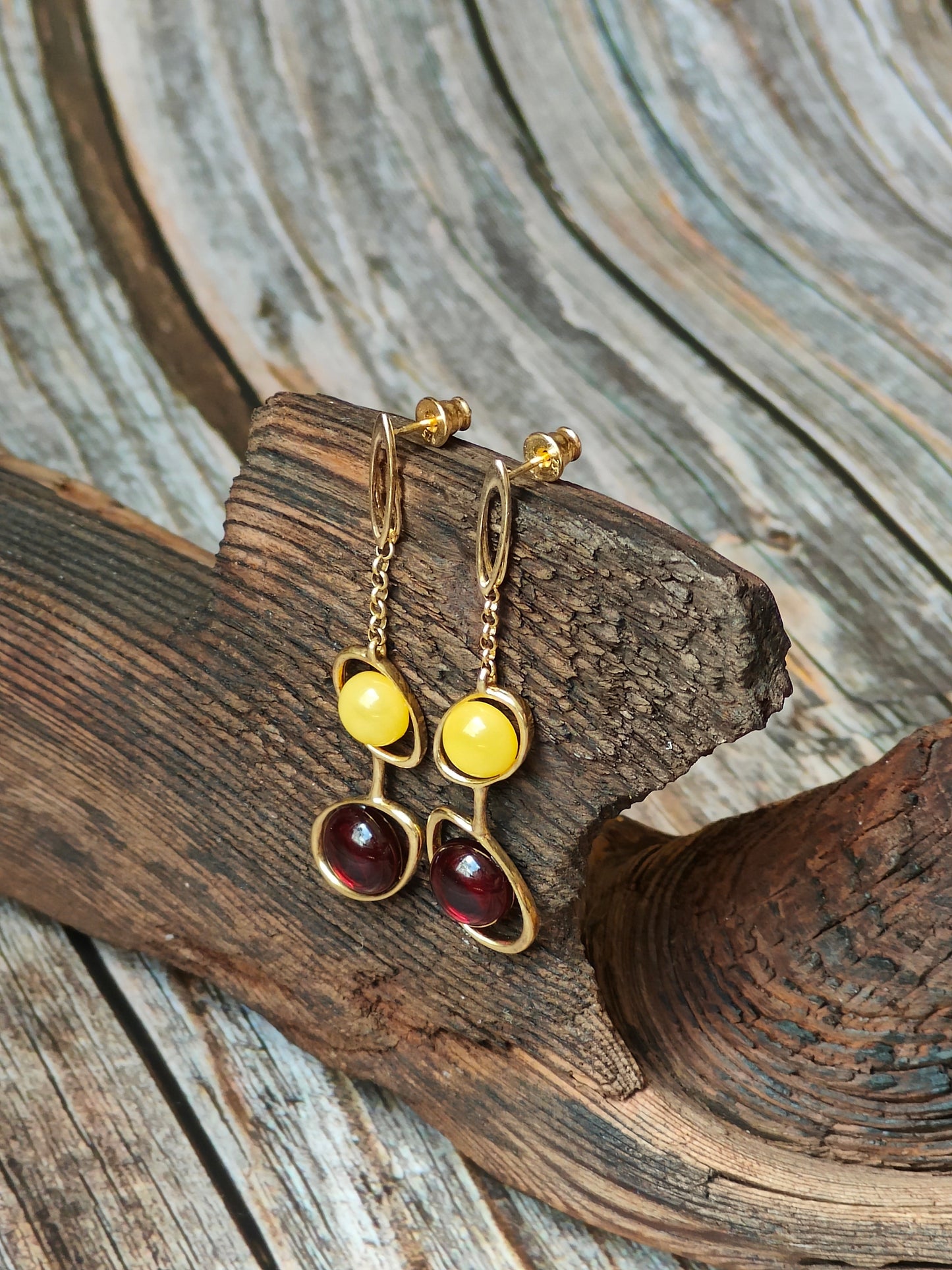 Oval Dark Cognac| Red and Butterscotch Amber Dangling Stud Earrings in Gold Plated Silver