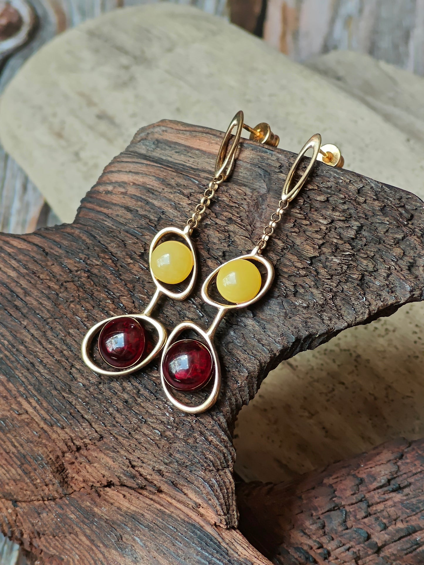 Oval Dark Cognac| Red and Butterscotch Amber Dangling Stud Earrings in Gold Plated Silver