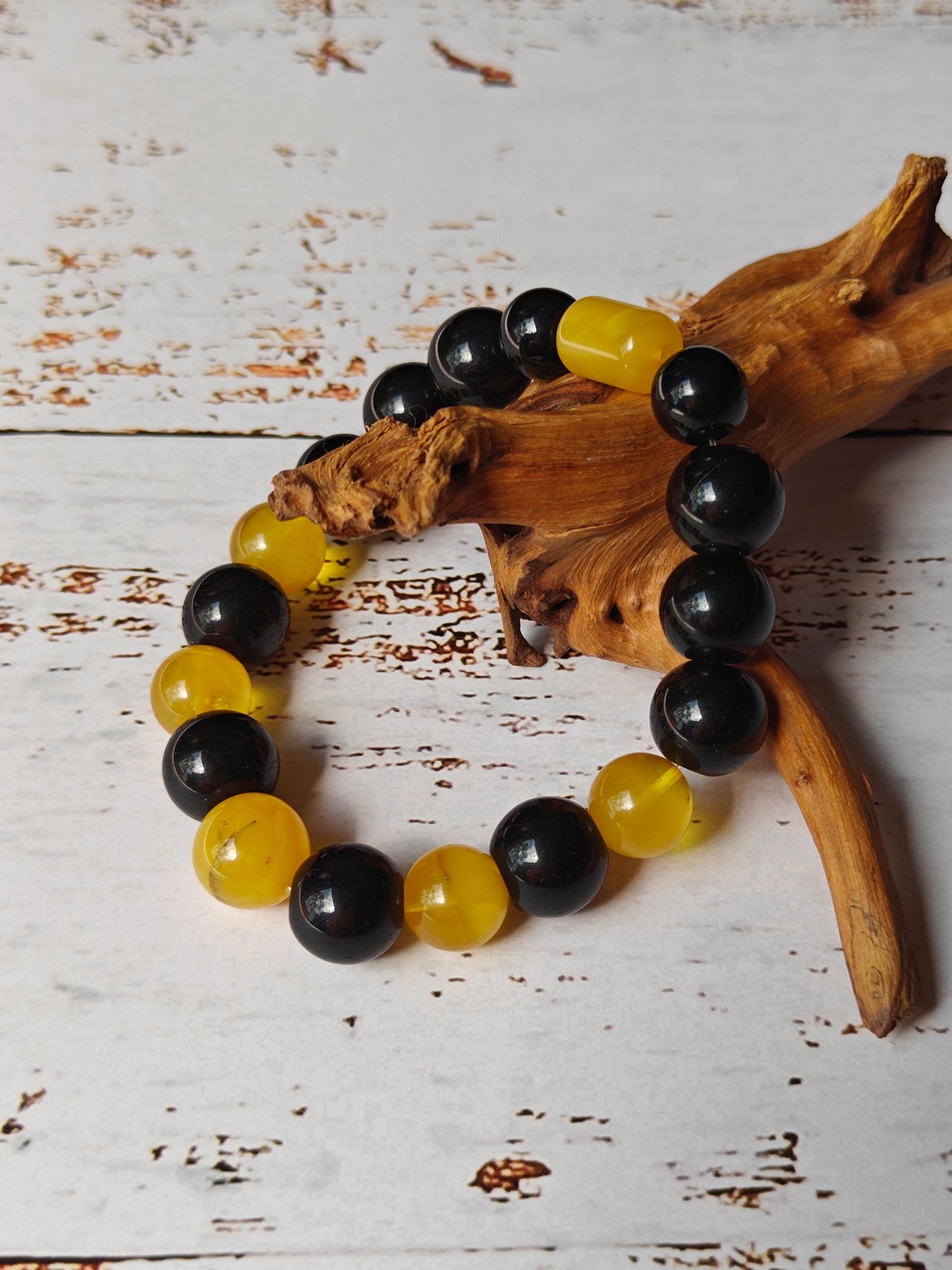 Black Onyx and Cloudy Baltic Amber Beaded Bracelet