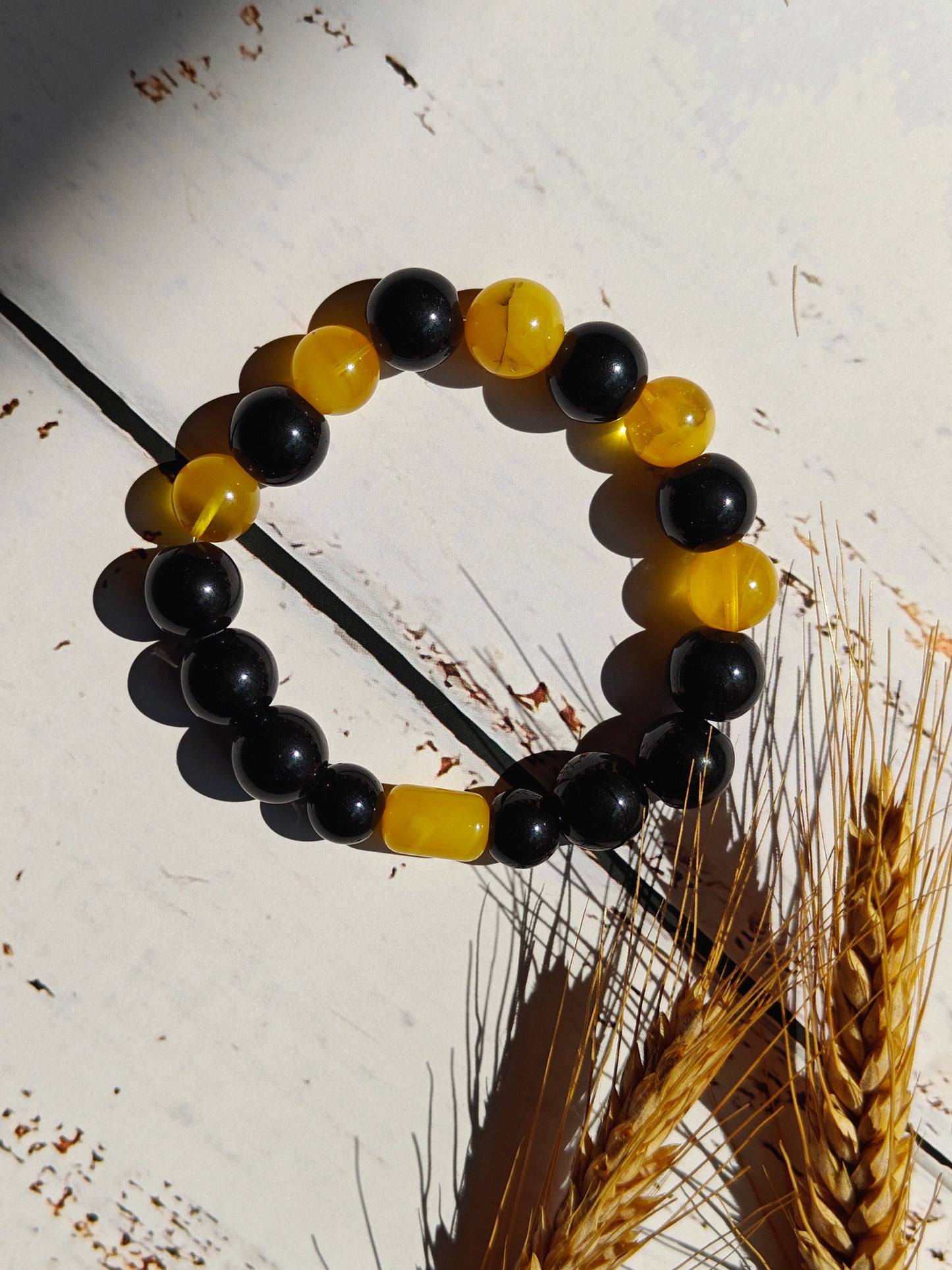 Black Onyx and Cloudy Baltic Amber Beaded Bracelet