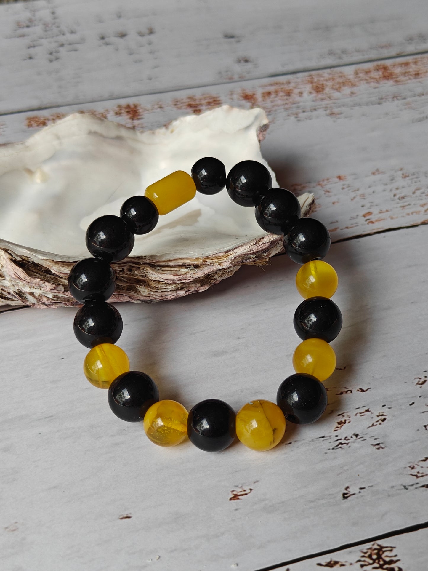 Black Onyx and Cloudy Baltic Amber Beaded Bracelet