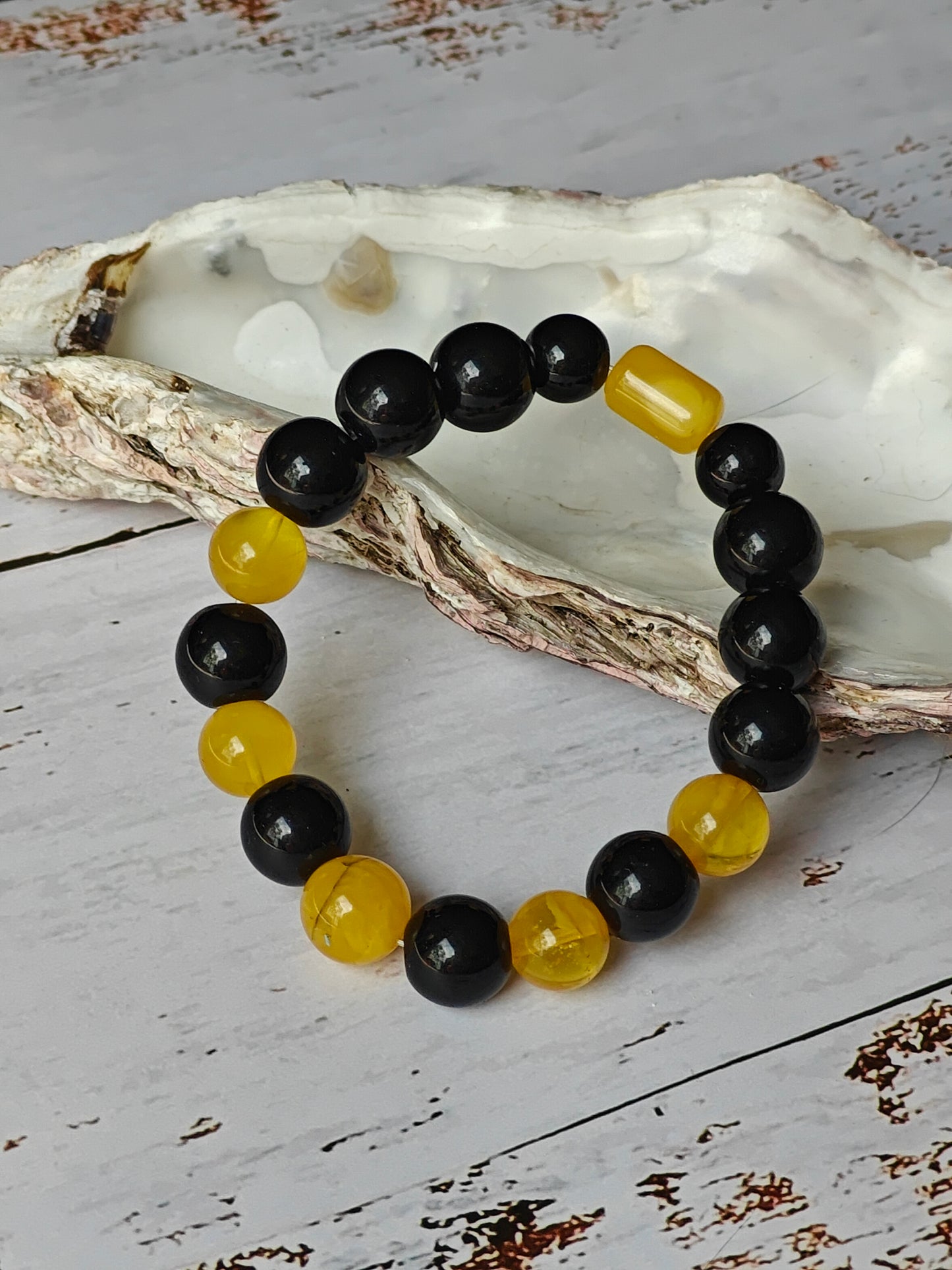 Black Onyx and Cloudy Baltic Amber Beaded Bracelet