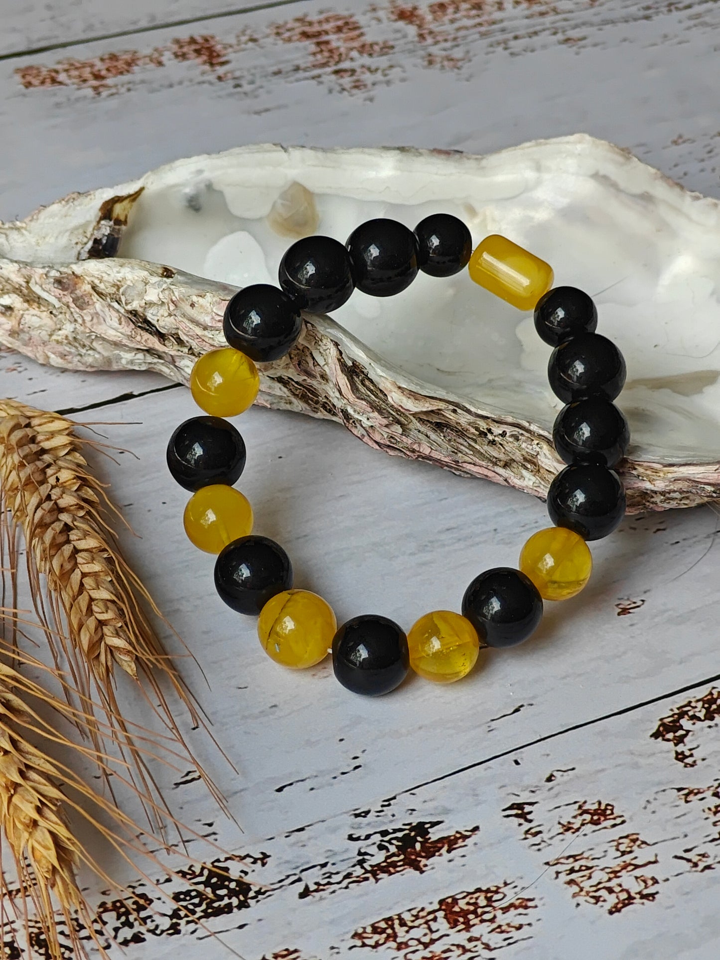 Black Onyx and Cloudy Baltic Amber Beaded Bracelet