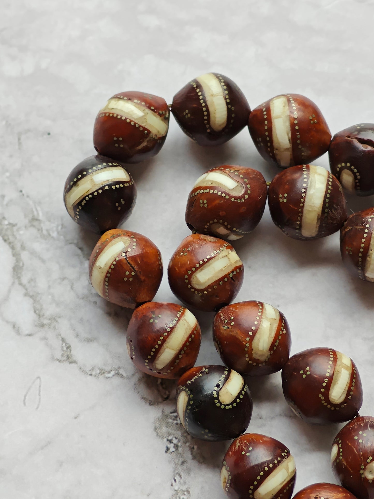 Large Antique Kokka Seed Tasbih with Seashell and Silver Engravings 33 Beads
