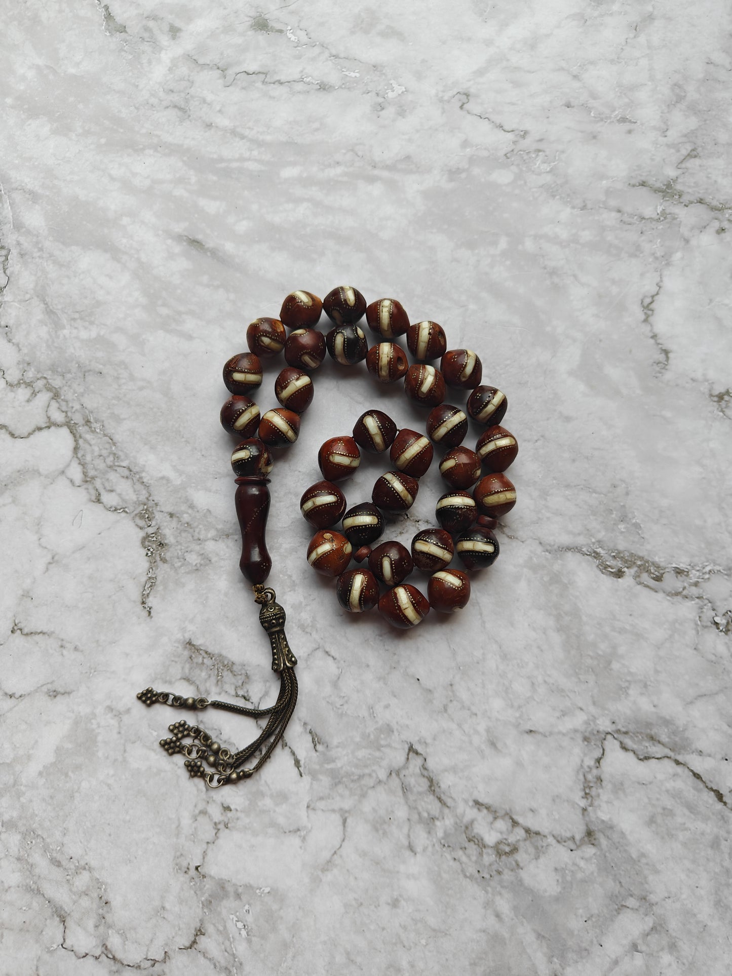 Large Antique Kokka Seed Tasbih with Seashell and Silver Engravings 33 Beads