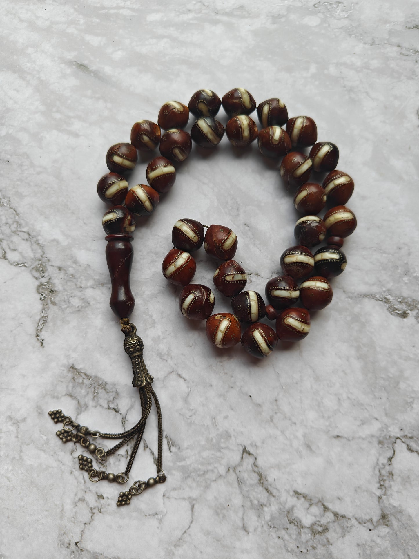 Large Antique Kokka Seed Tasbih with Seashell and Silver Engravings 33 Beads