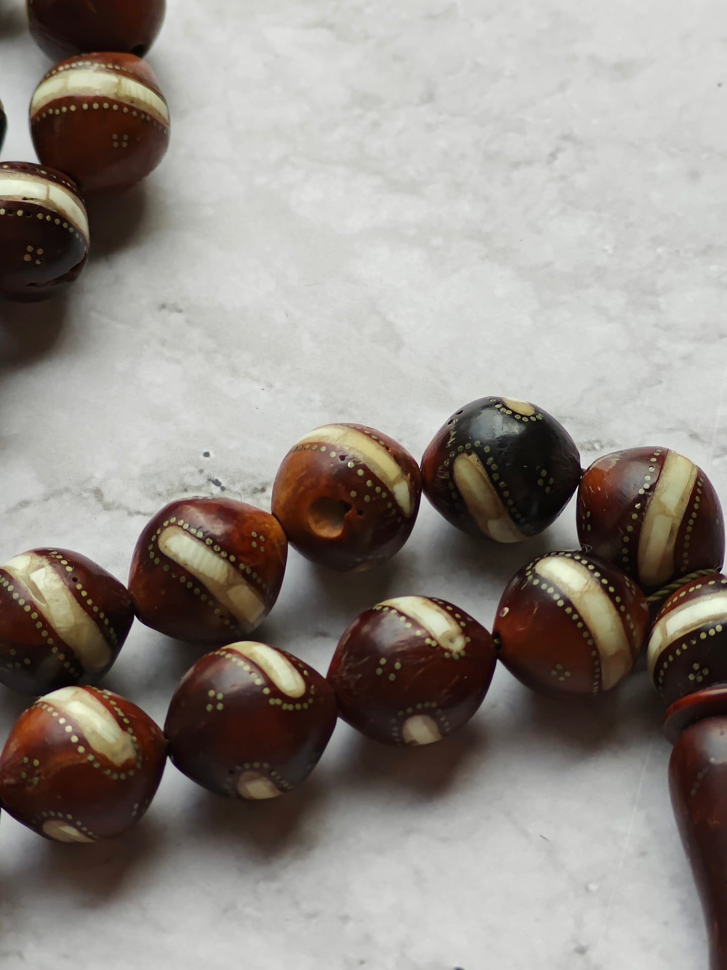 Large Antique Kokka Seed Tasbih with Seashell and Silver Engravings 33 Beads