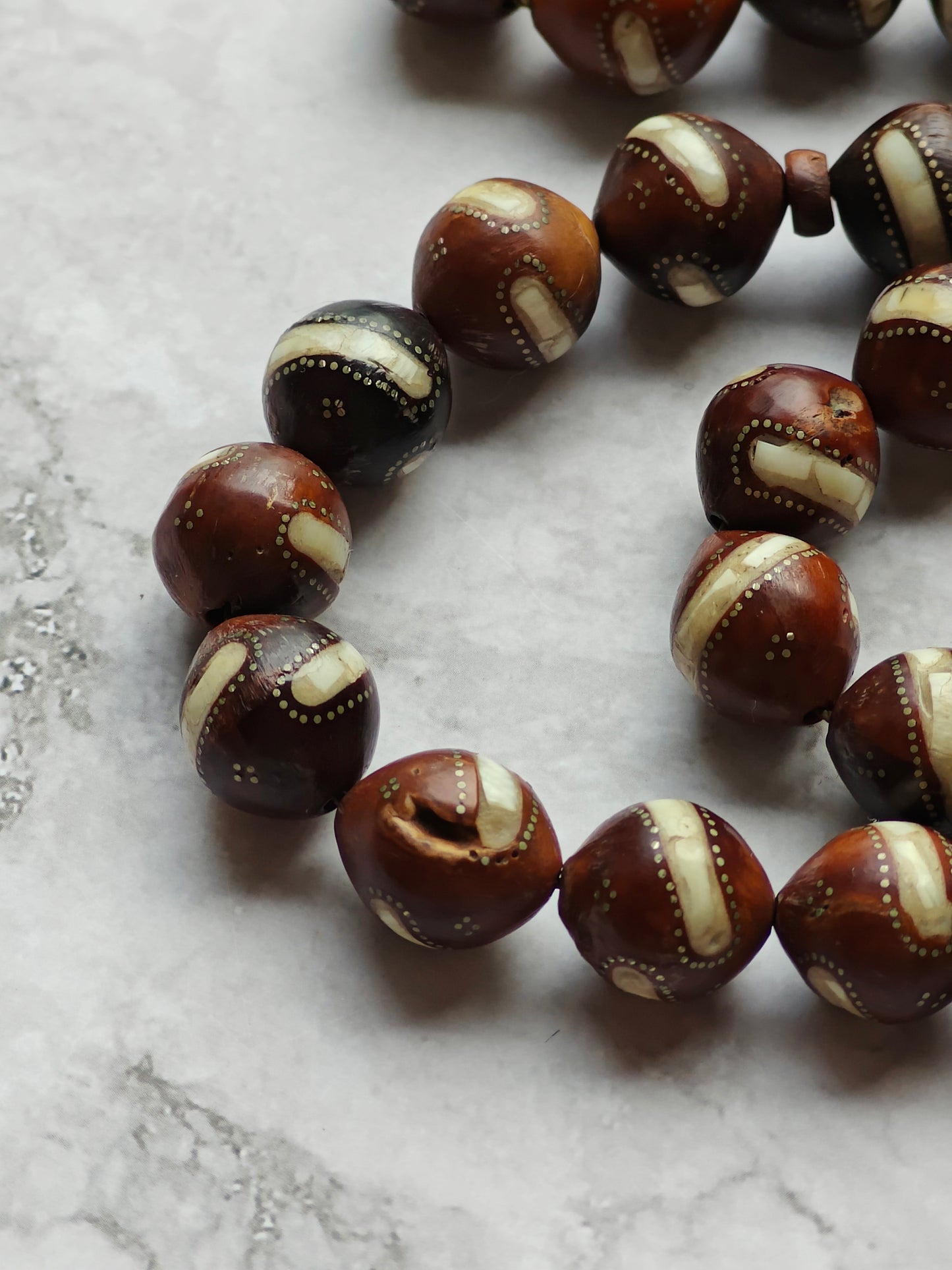 Large Antique Kokka Seed Tasbih with Seashell and Silver Engravings 33 Beads