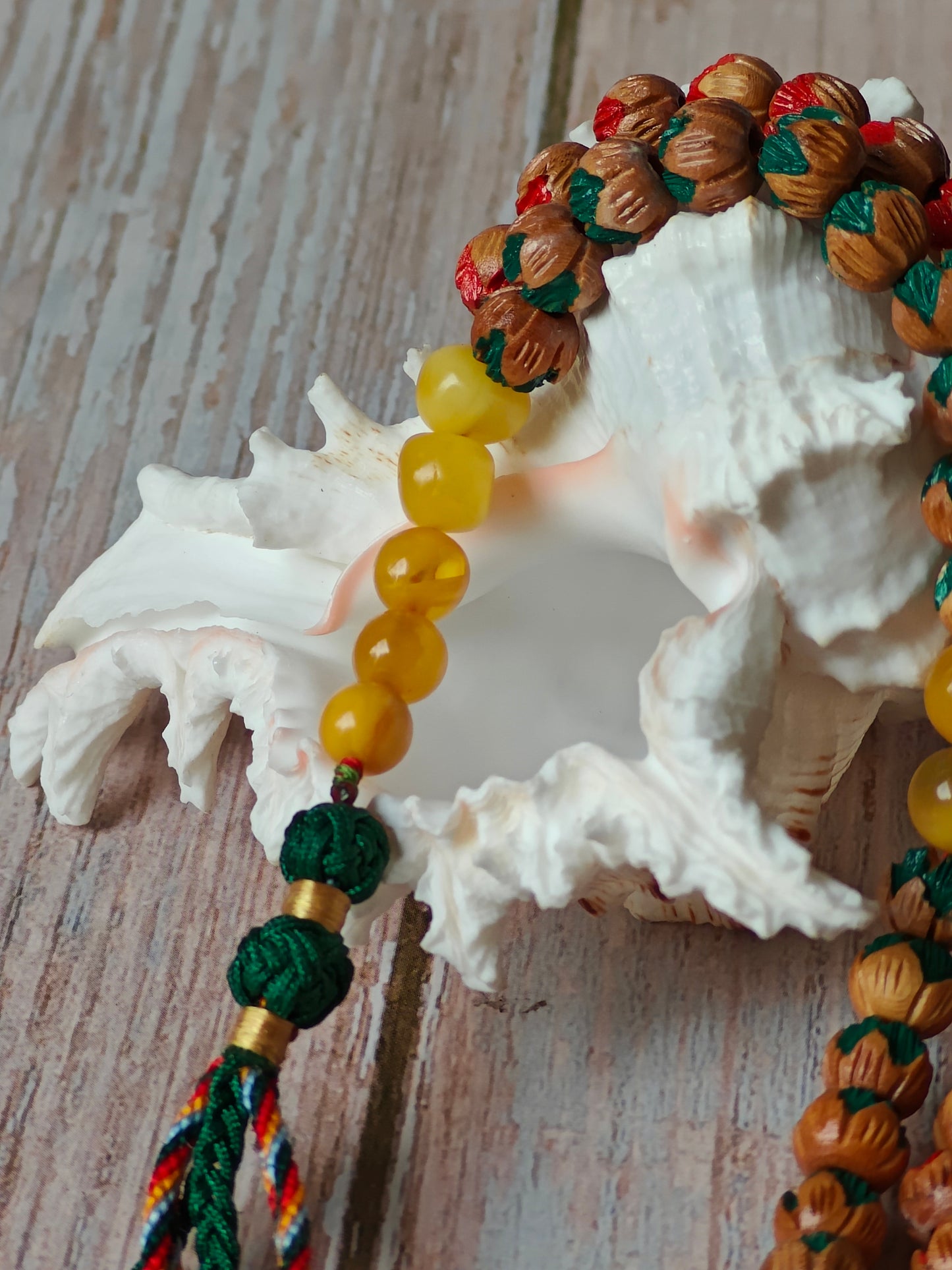 Handcarved Cherry Wood & Aged Butterscotch Amber Tasbih – 66 Beads
