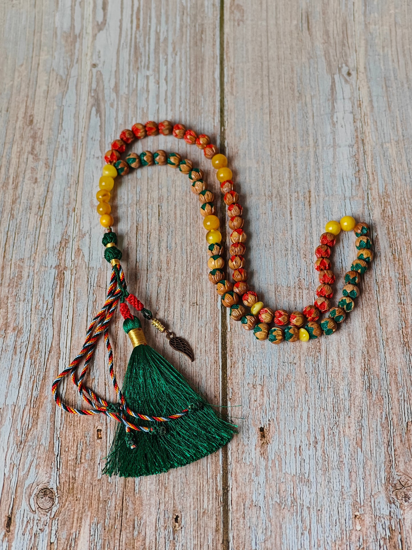 Handcarved Cherry Wood & Aged Butterscotch Amber Tasbih – 66 Beads
