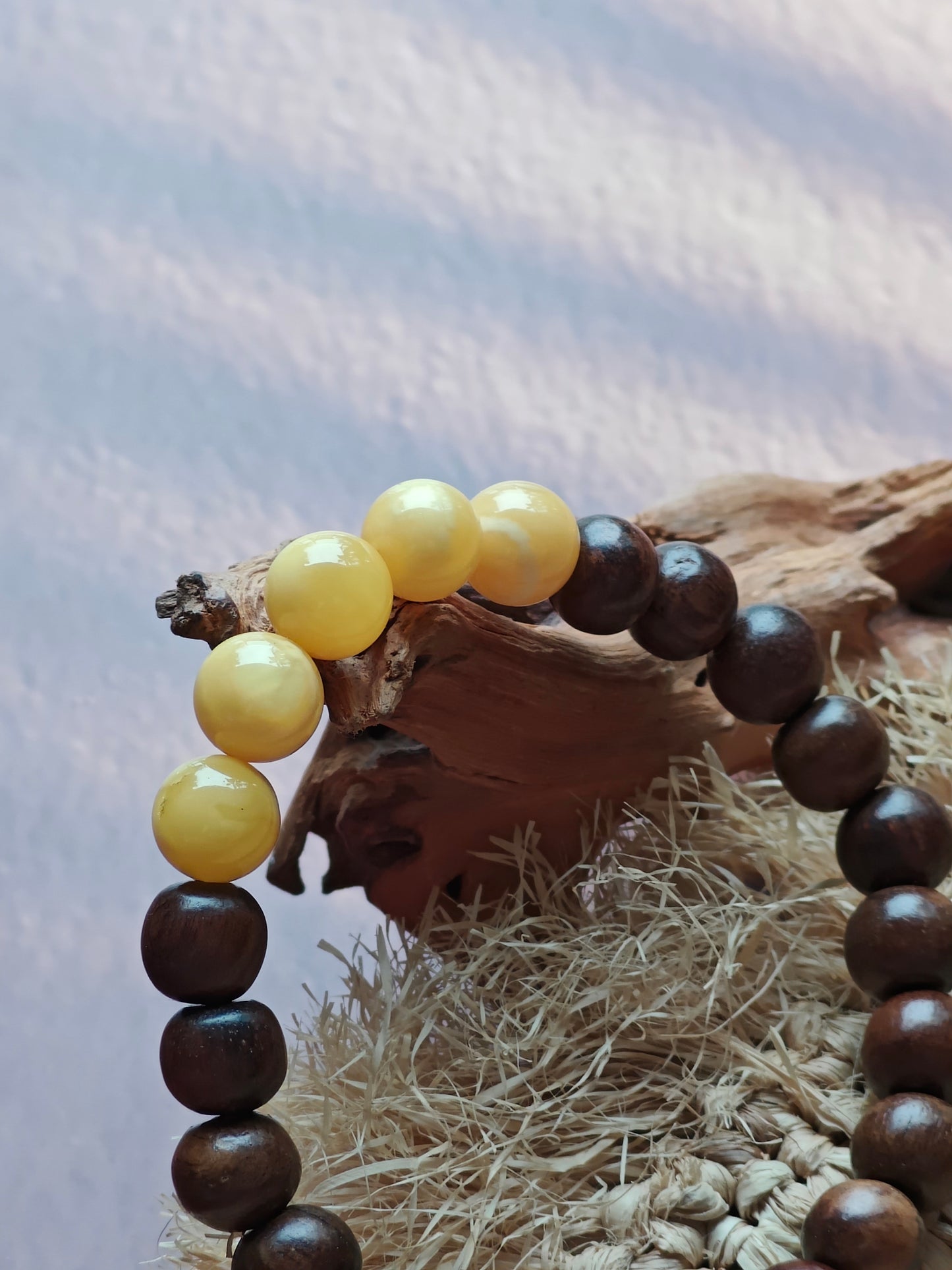 Kokka Seed Wood & Butterscotch Amber Beaded Bracelet