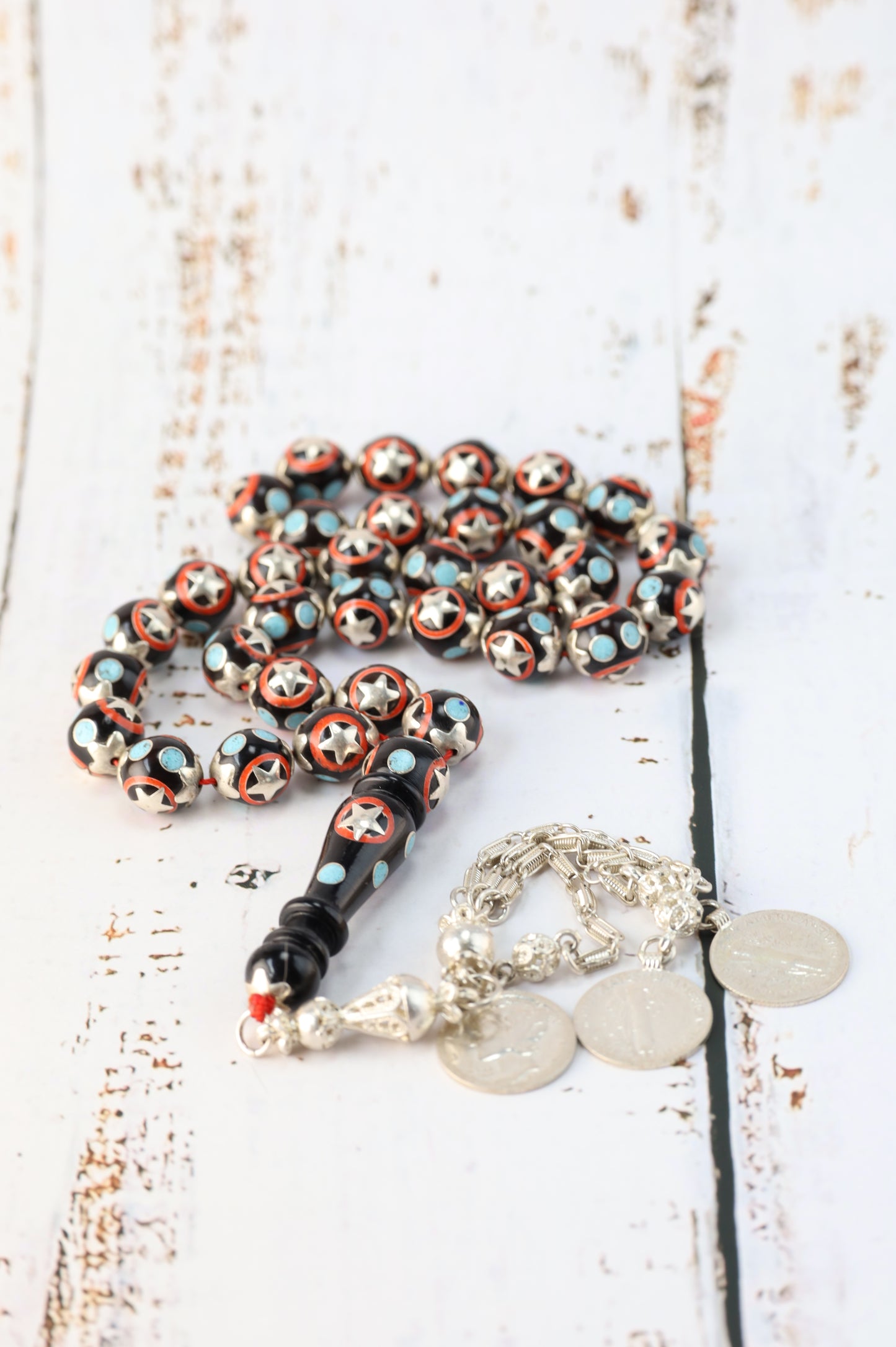 Kokka Wood Misbah with Turquoise, Coral Dust & Silver Stars – 33 Beads
