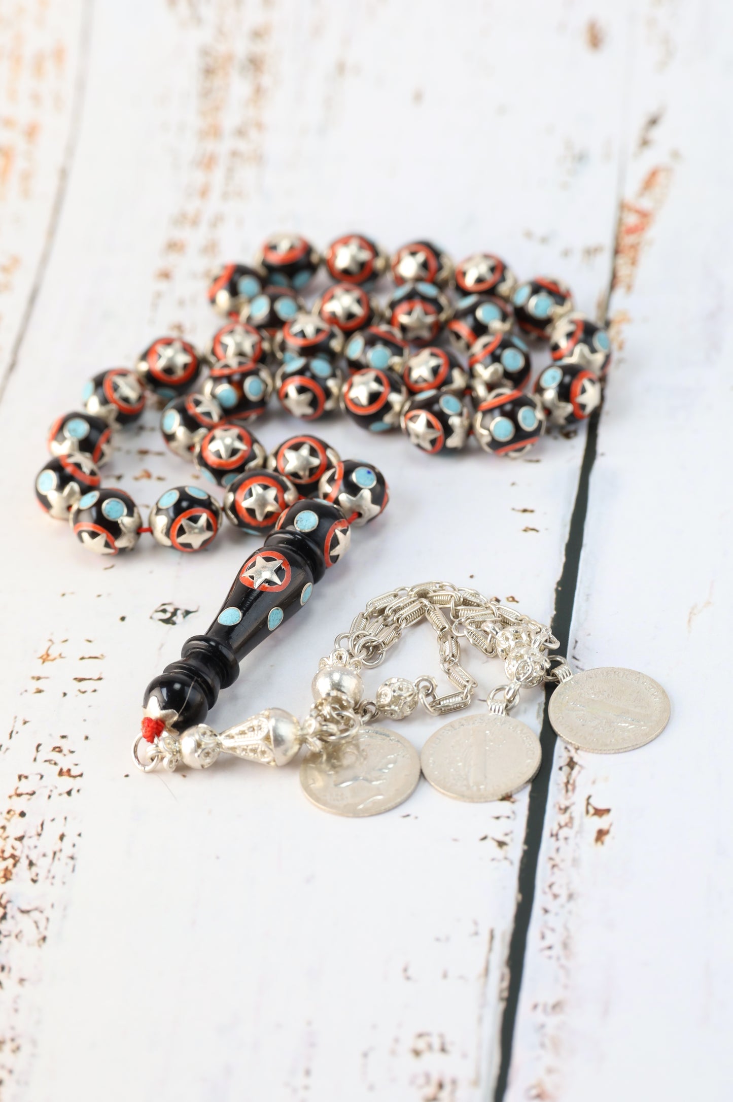 Kokka Wood Misbah with Turquoise, Coral Dust & Silver Stars – 33 Beads