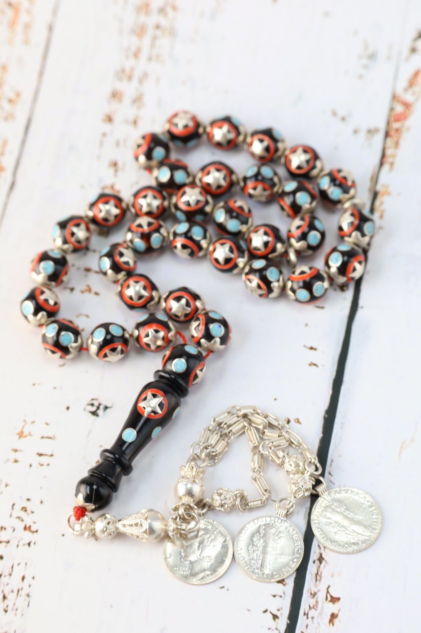 Kokka Wood Misbah with Turquoise, Coral Dust & Silver Stars – 33 Beads