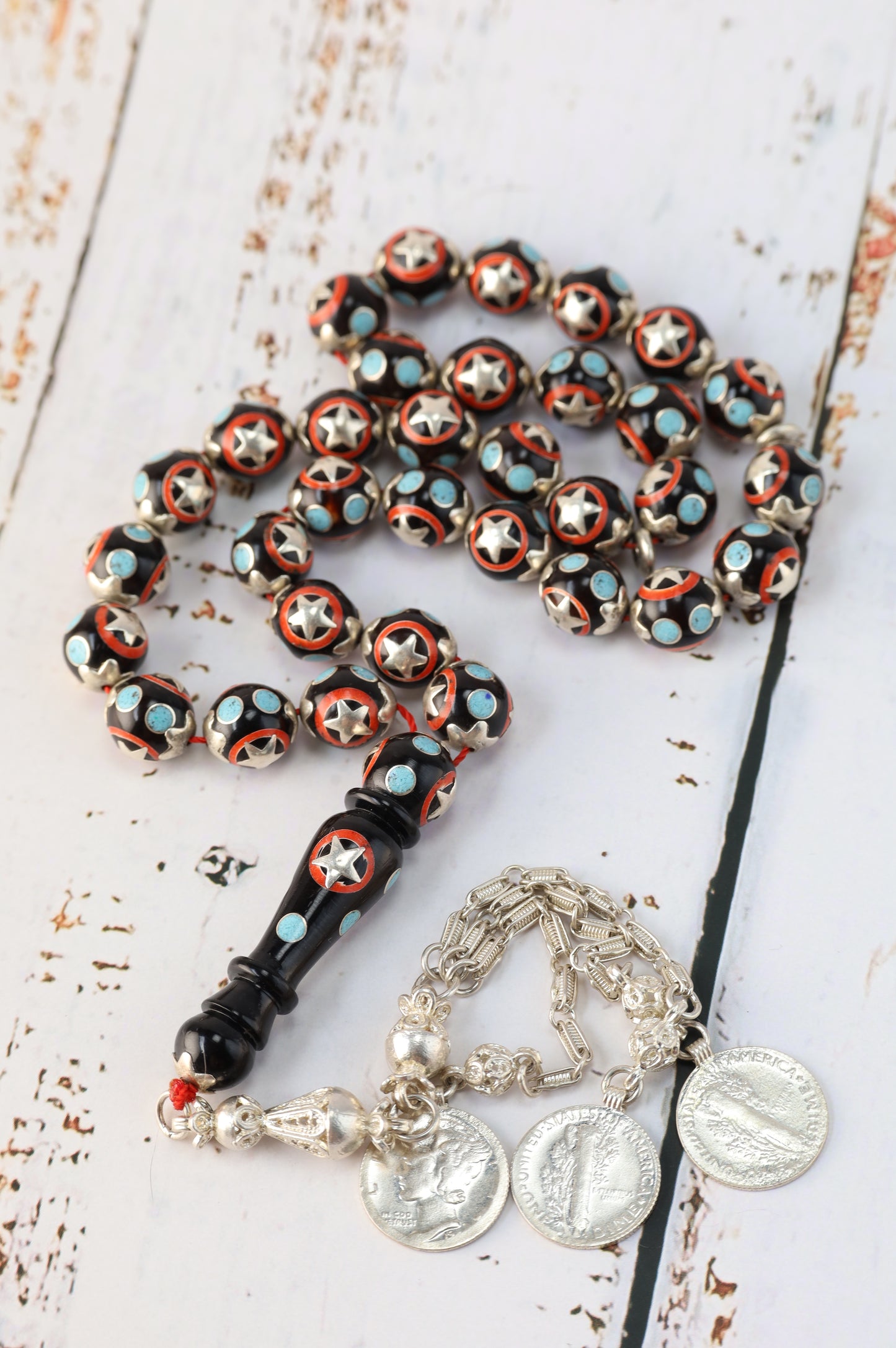 Kokka Wood Misbah with Turquoise, Coral Dust & Silver Stars – 33 Beads