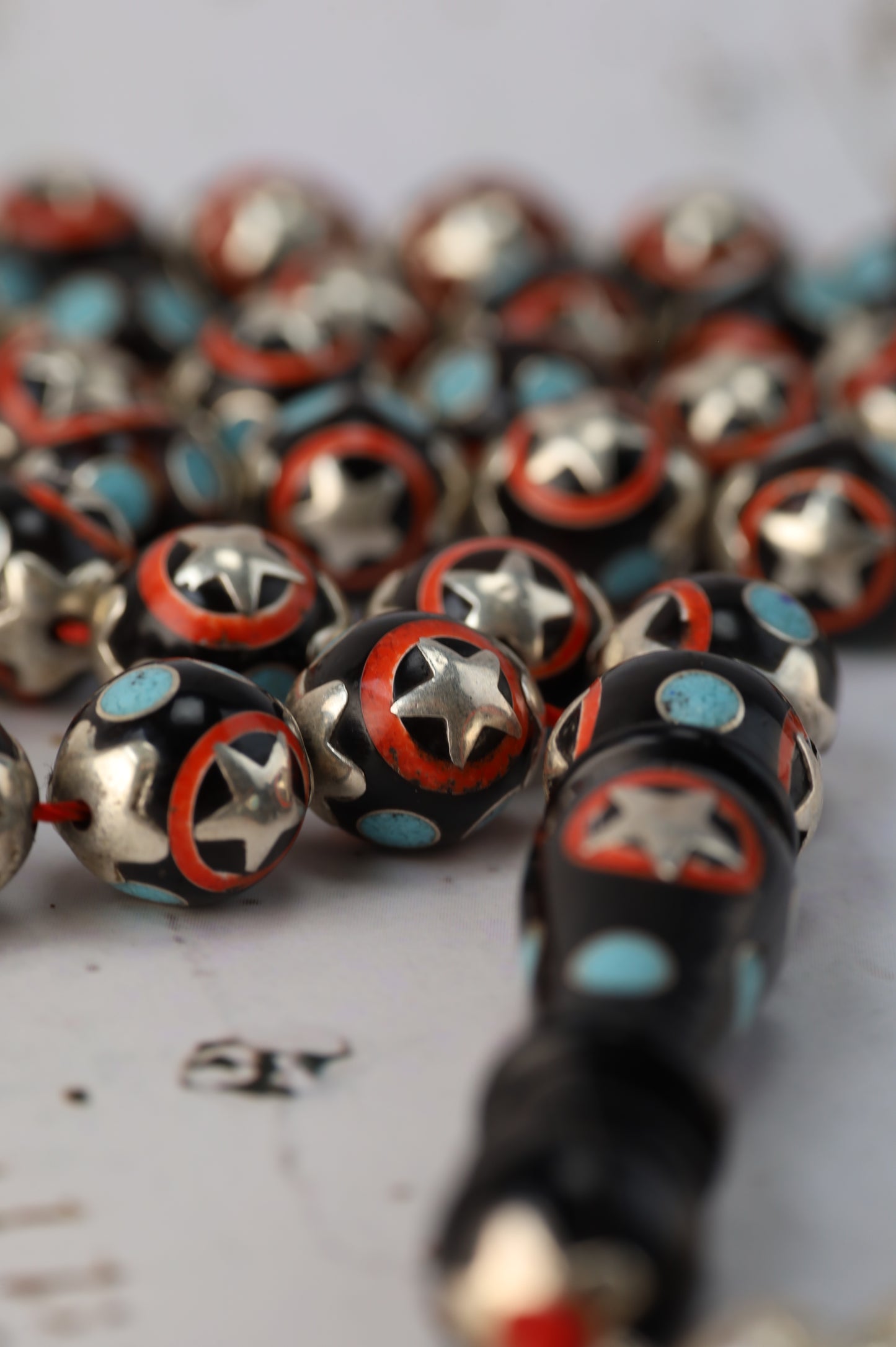 Kokka Wood Misbah with Turquoise, Coral Dust & Silver Stars – 33 Beads