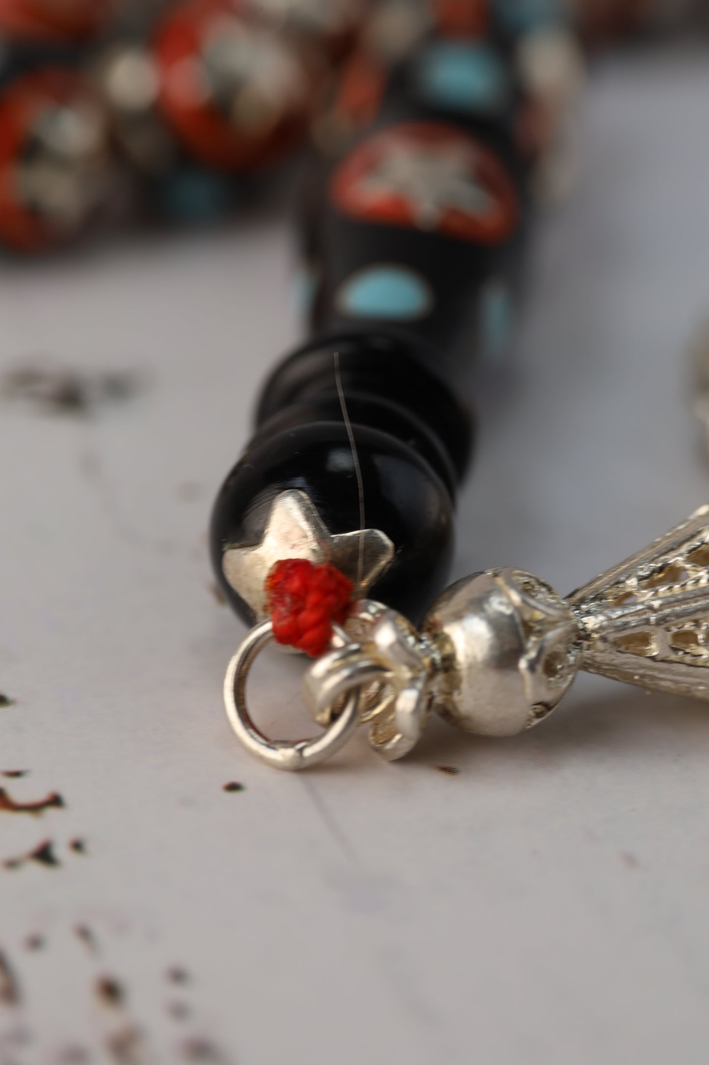 Kokka Wood Misbah with Turquoise, Coral Dust & Silver Stars – 33 Beads