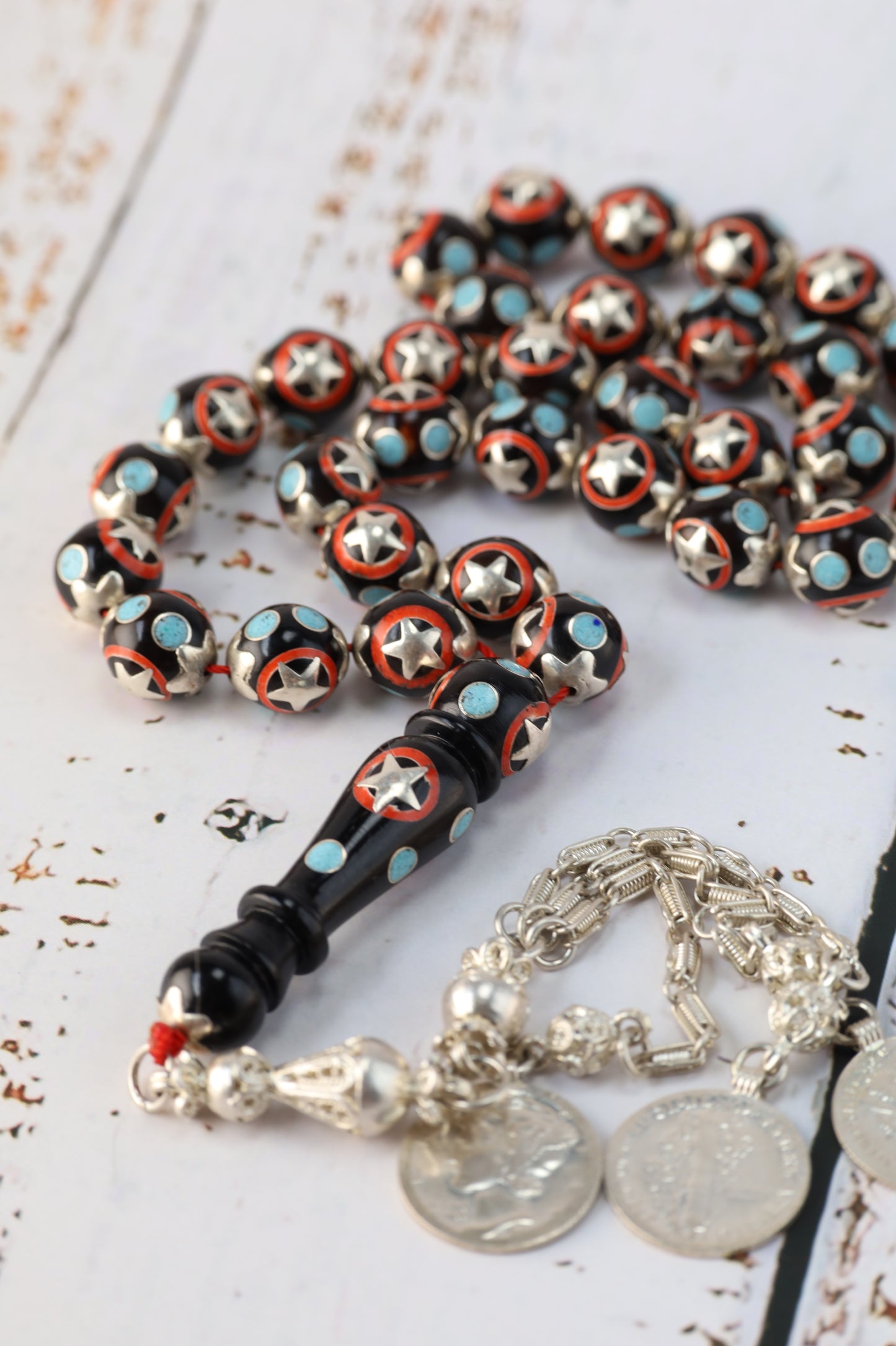 Kokka Wood Misbah with Turquoise, Coral Dust & Silver Stars – 33 Beads