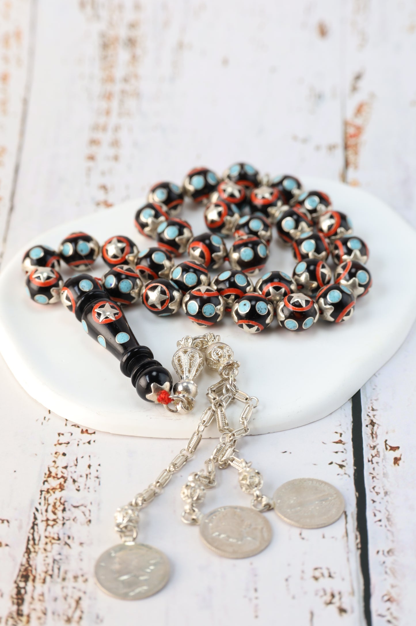Kokka Wood Misbah with Turquoise, Coral Dust & Silver Stars – 33 Beads