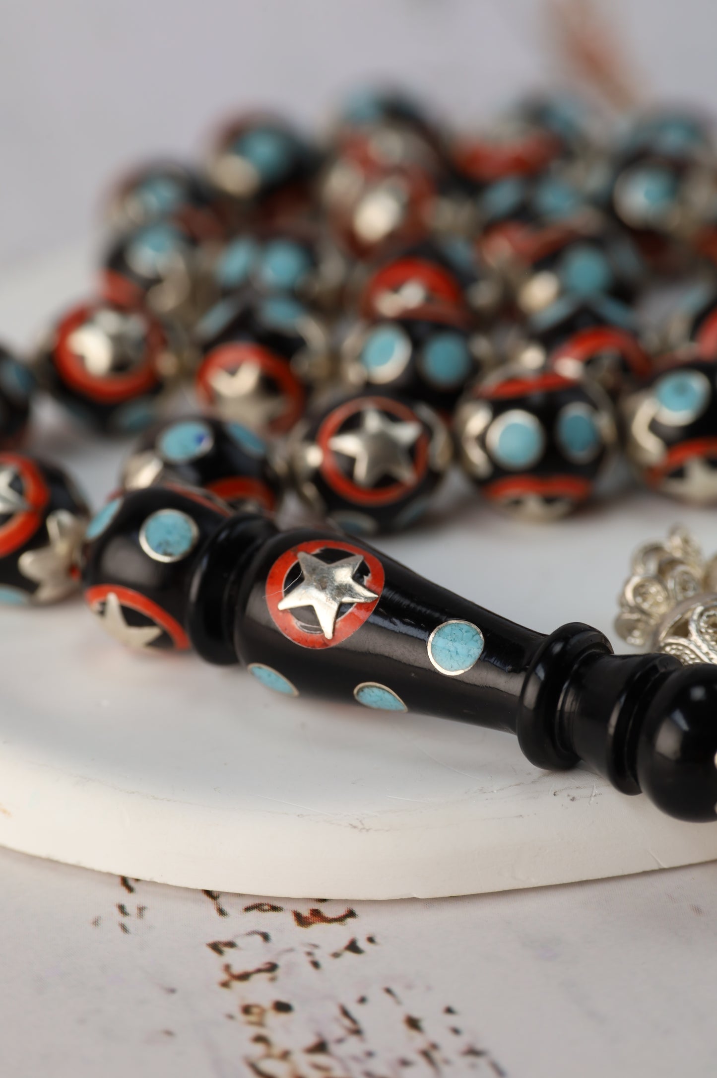Kokka Wood Misbah with Turquoise, Coral Dust & Silver Stars – 33 Beads