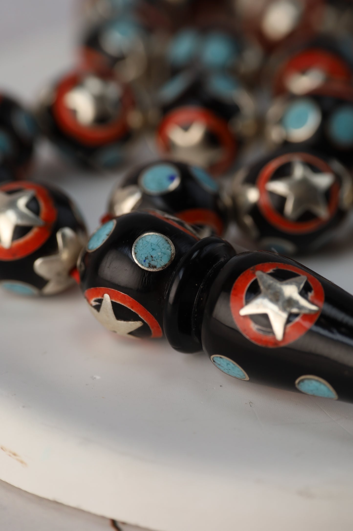 Kokka Wood Misbah with Turquoise, Coral Dust & Silver Stars – 33 Beads