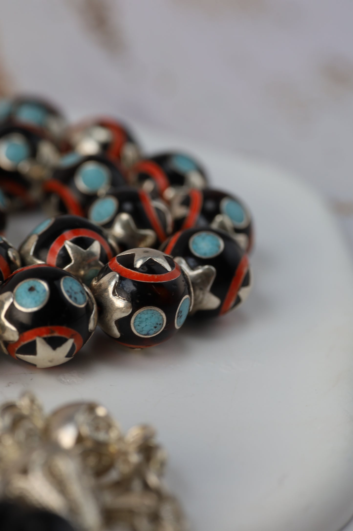 Kokka Wood Misbah with Turquoise, Coral Dust & Silver Stars – 33 Beads