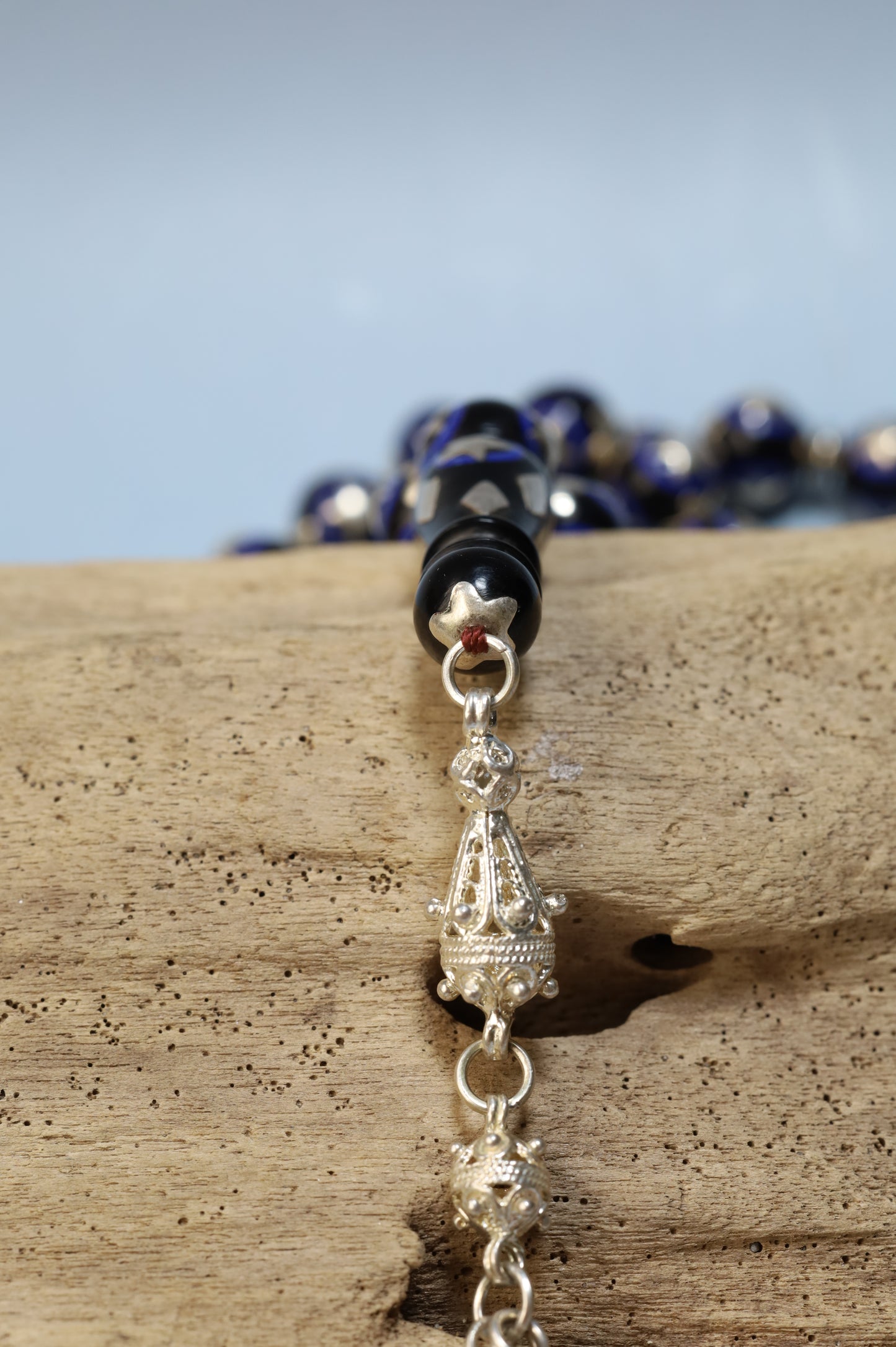 Kokka Wood Misbah with Lapis Lazuli & Silver Stars – Egyptian Craft