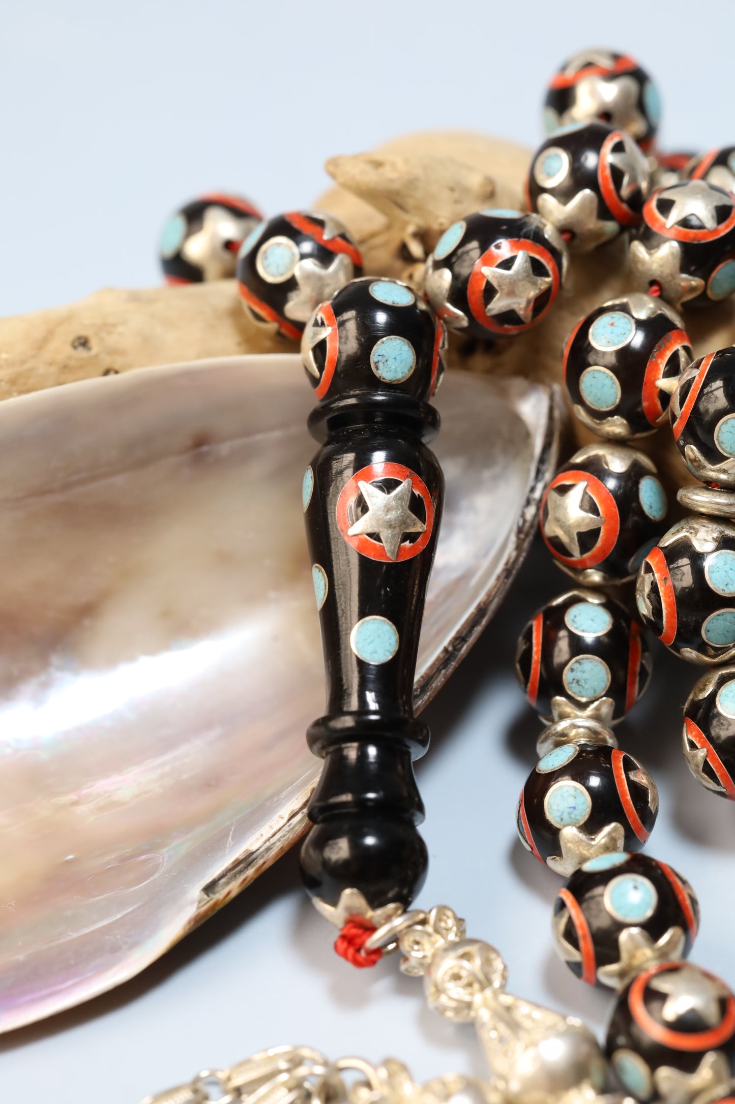 Kokka Wood Misbah with Turquoise, Coral Dust & Silver Stars – 33 Beads