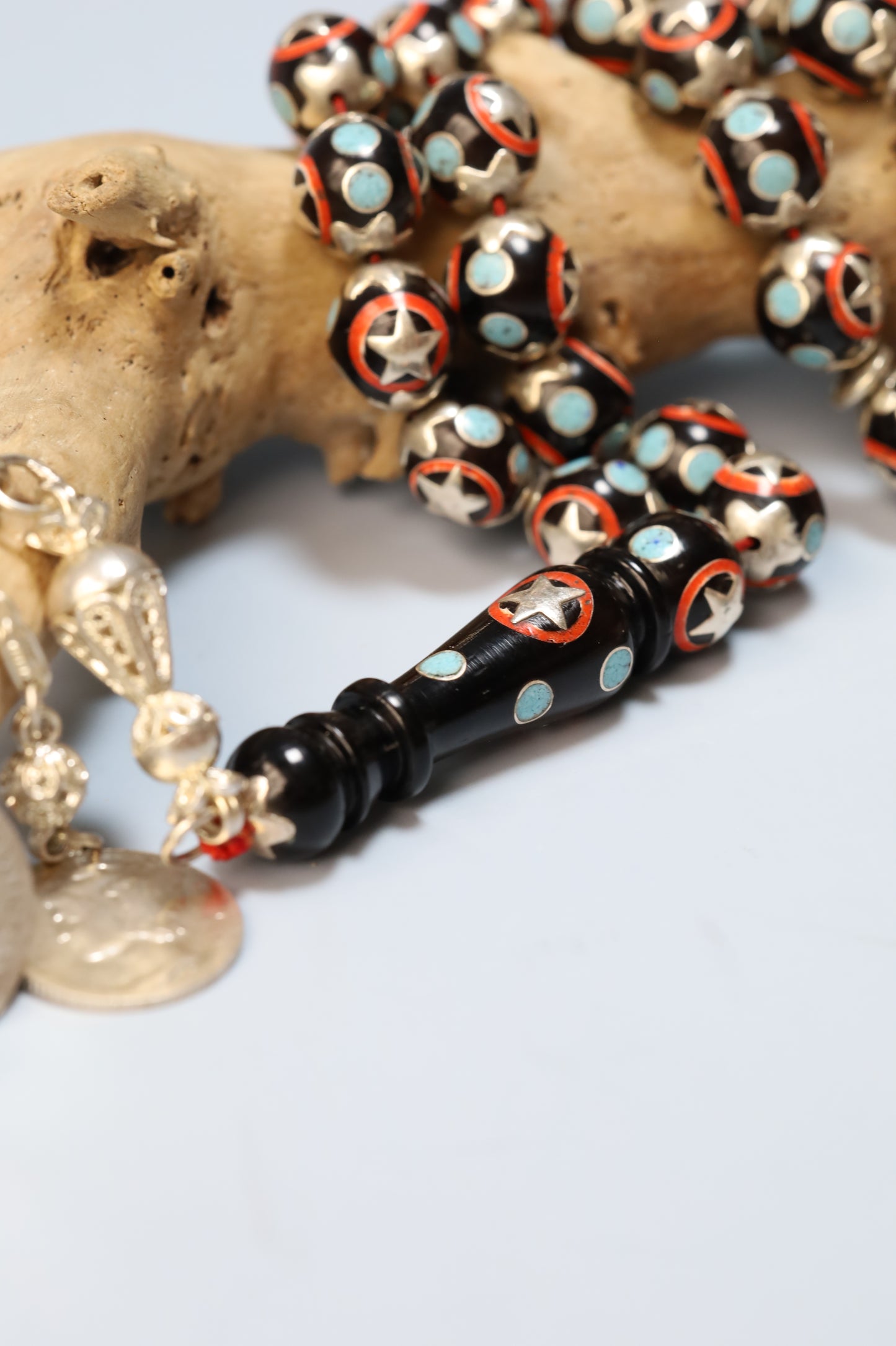 Kokka Wood Misbah with Turquoise, Coral Dust & Silver Stars – 33 Beads