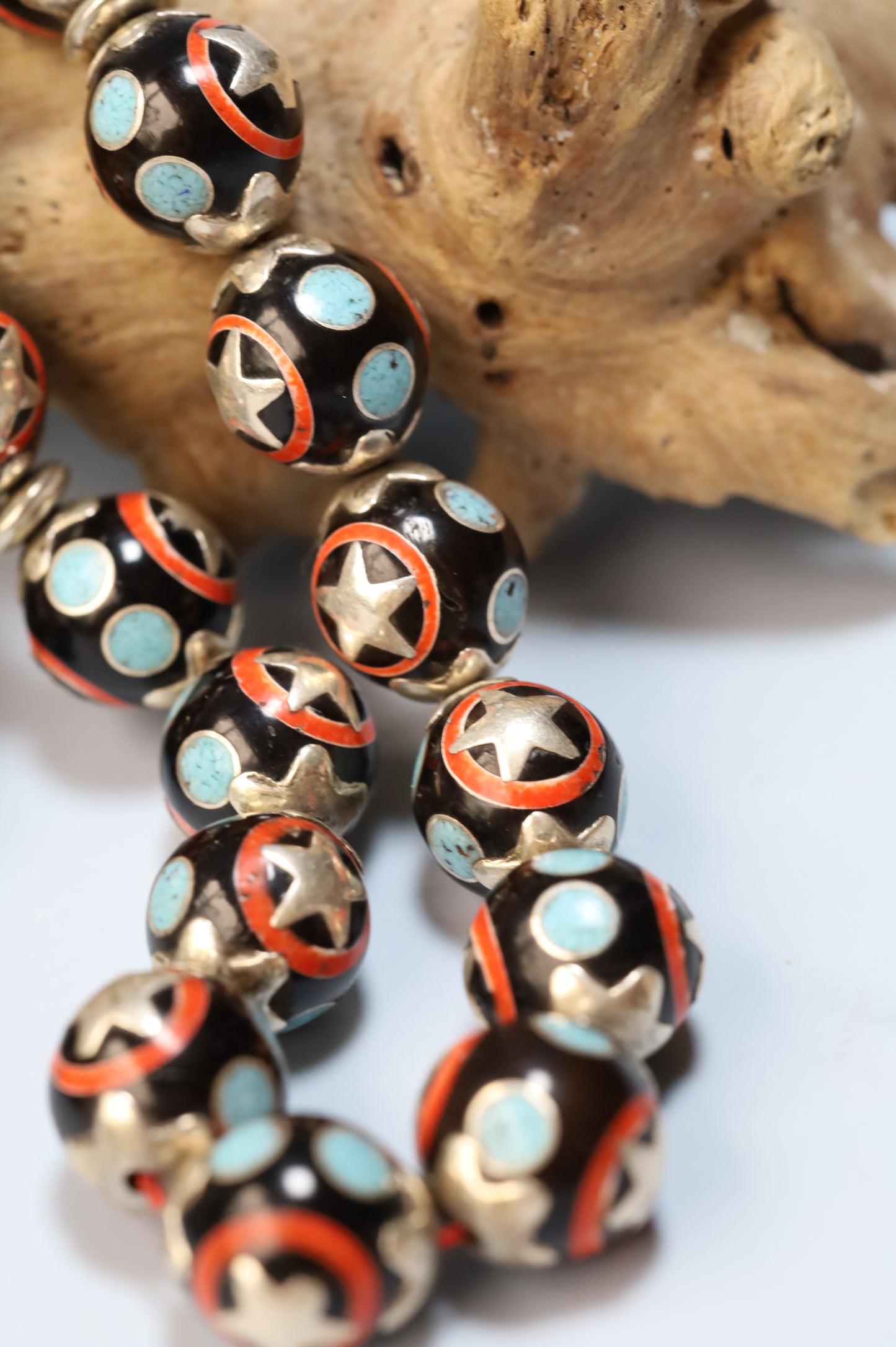 Kokka Wood Misbah with Turquoise, Coral Dust & Silver Stars – 33 Beads