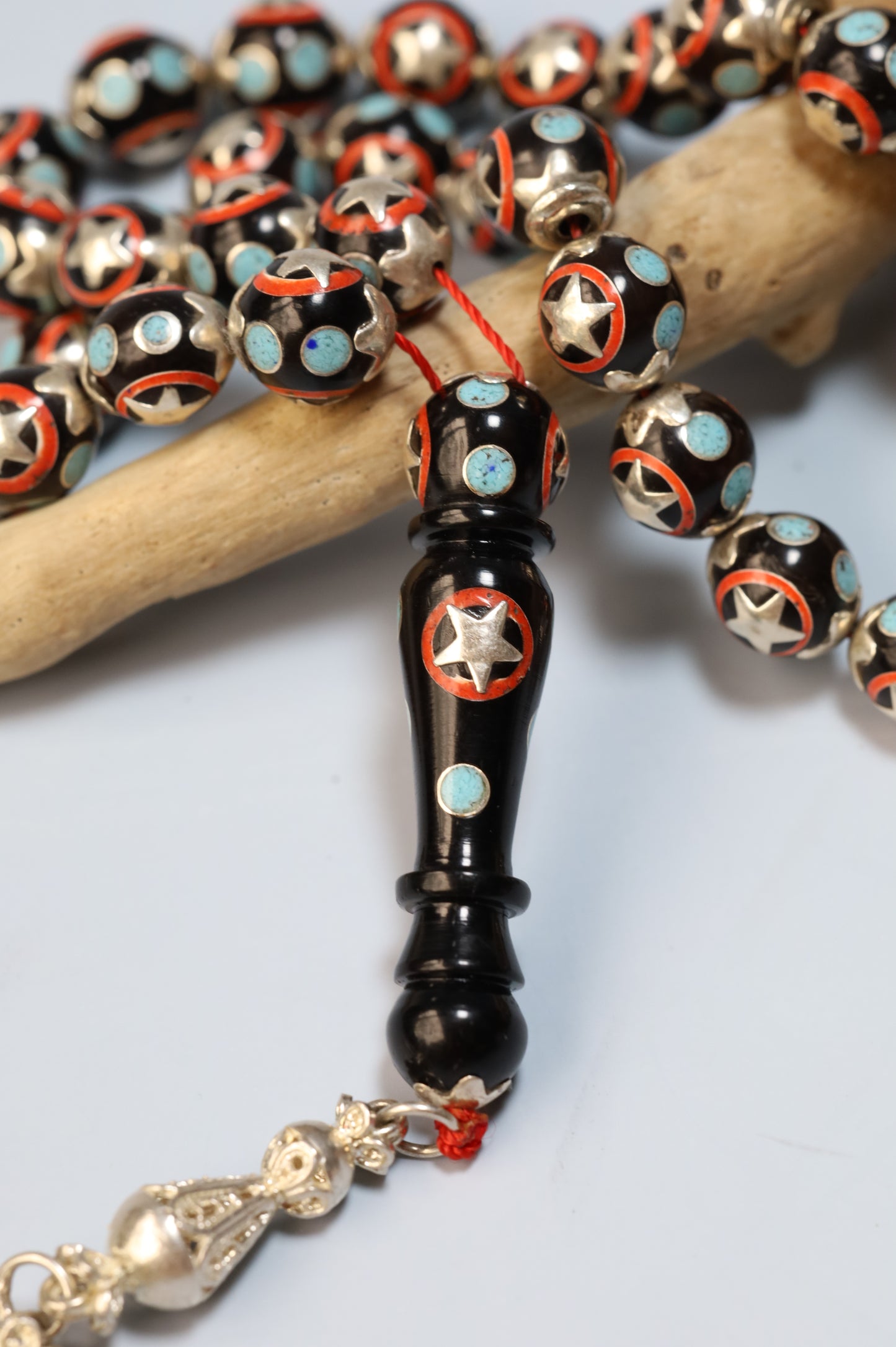 Kokka Wood Misbah with Turquoise, Coral Dust & Silver Stars – 33 Beads